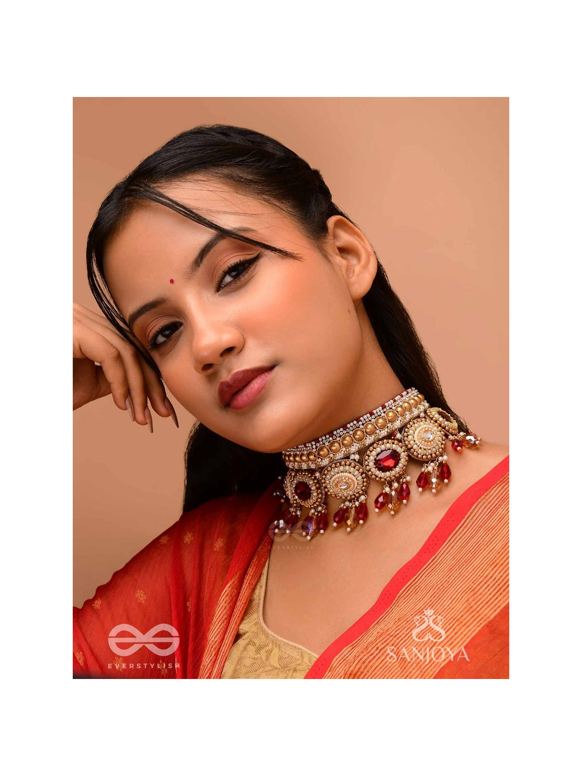 Ratula - The Crimson Majesty - Stones, Beads And Glass Drops Embroidered Necklace