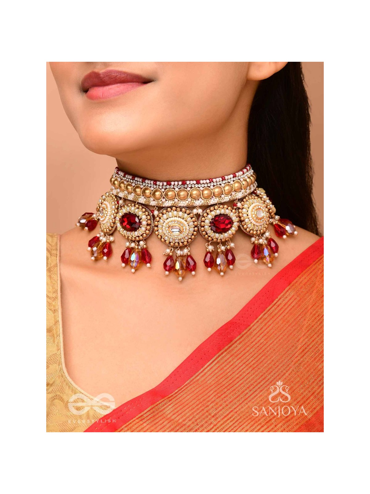 Ratula - The Crimson Majesty - Stones, Beads And Glass Drops Embroidered Necklace