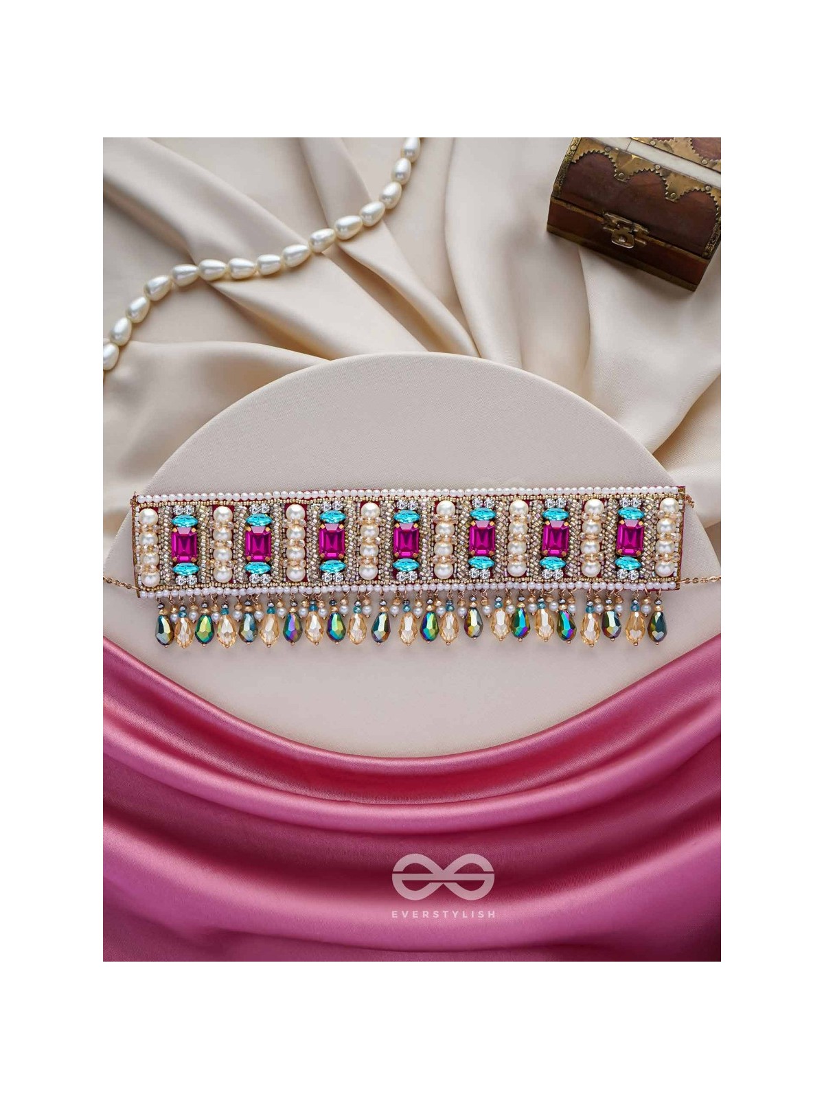 Karika - Prismatic Allure - Stones, Beads And Glass Drops Hand Embroidered Neckpiece