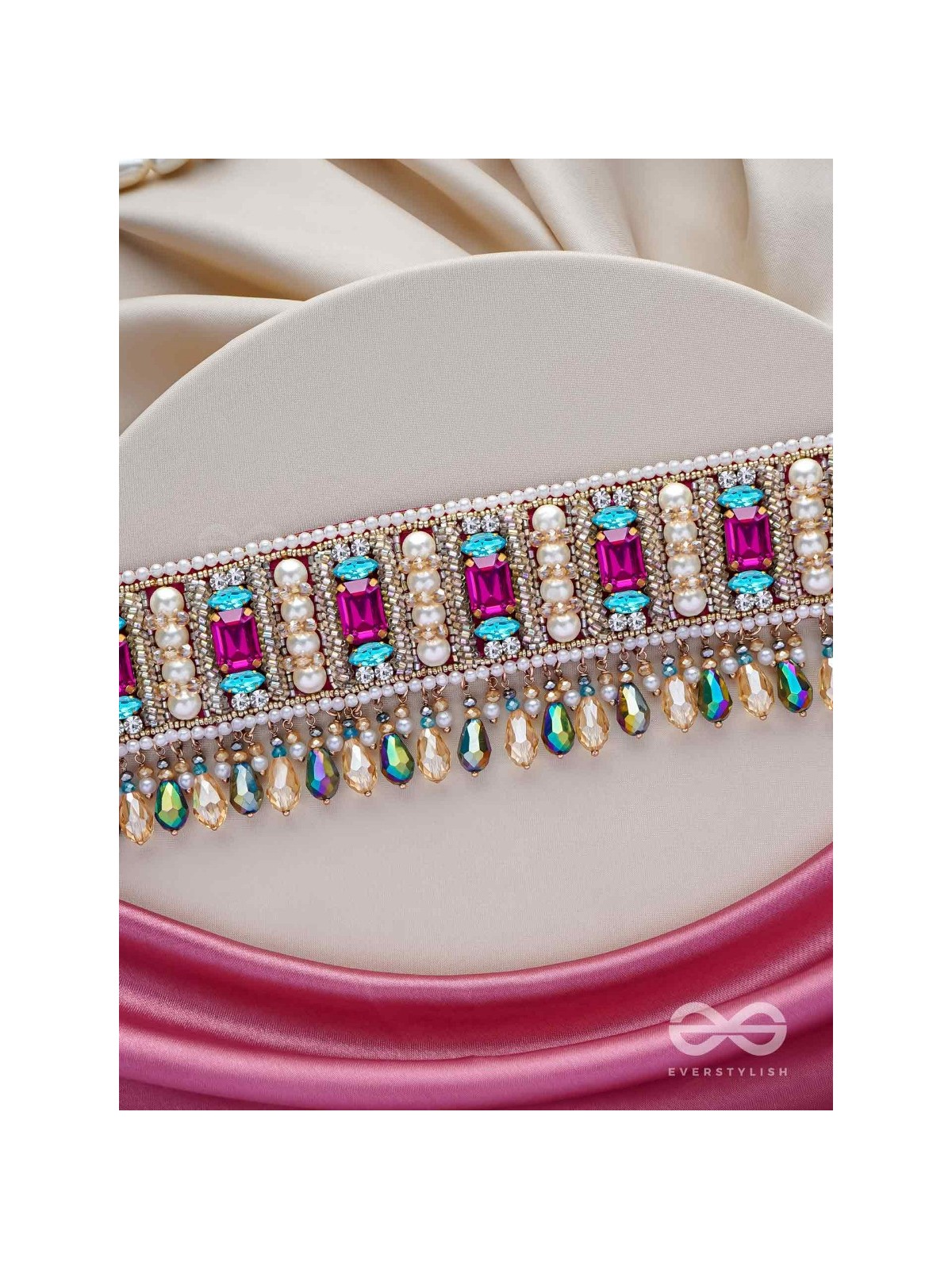 Karika - Prismatic Allure - Stones, Beads And Glass Drops Hand Embroidered Neckpiece