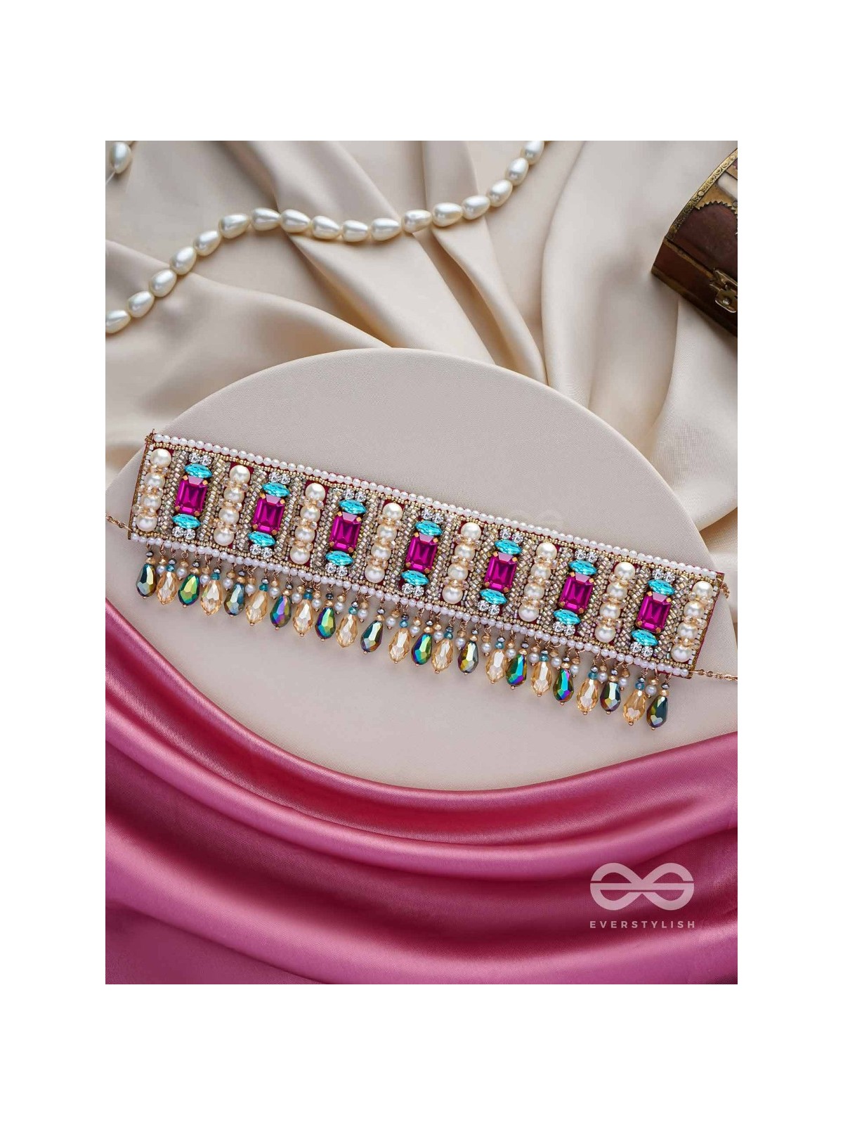 Karika - Prismatic Allure - Stones, Beads And Glass Drops Hand Embroidered Neckpiece