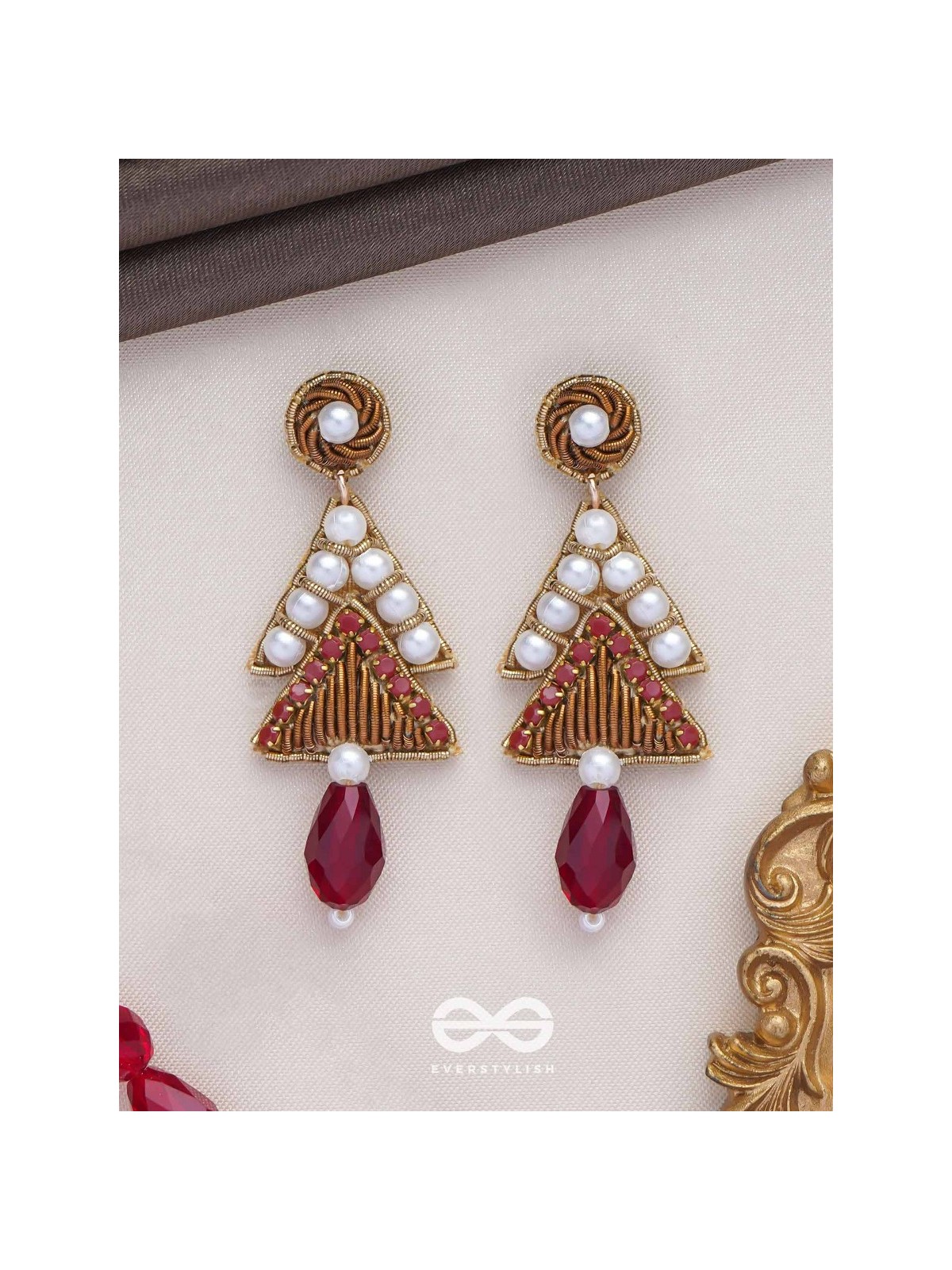 Ucchriti - The Majestic Triangles - Pearls, Dabka And Glass Drop Hand Embroidered Earrings