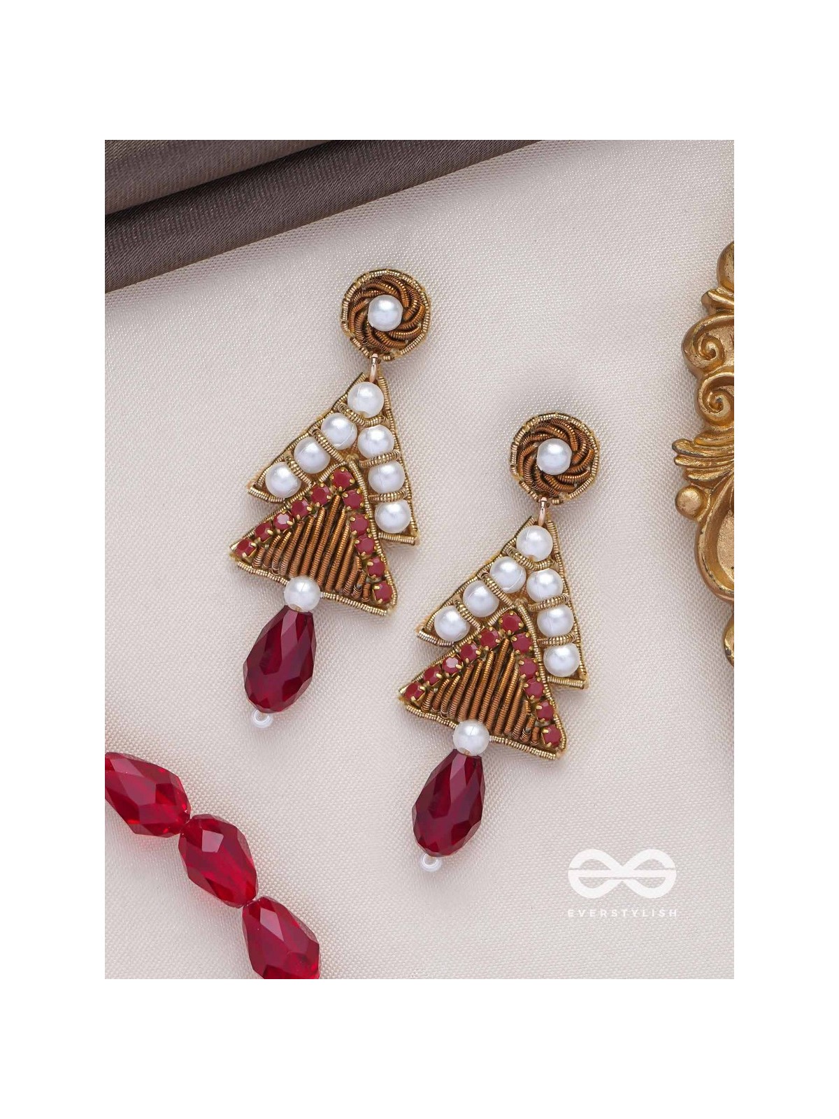 Ucchriti - The Majestic Triangles - Pearls, Dabka And Glass Drop Hand Embroidered Earrings