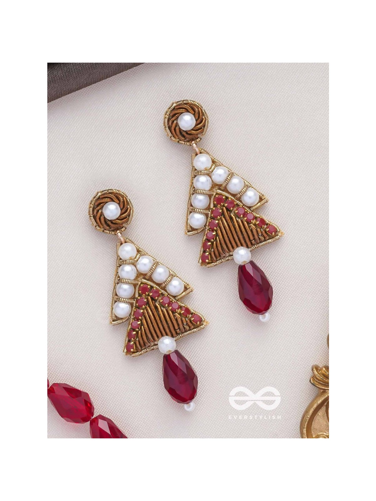 Ucchriti - The Majestic Triangles - Pearls, Dabka And Glass Drop Hand Embroidered Earrings