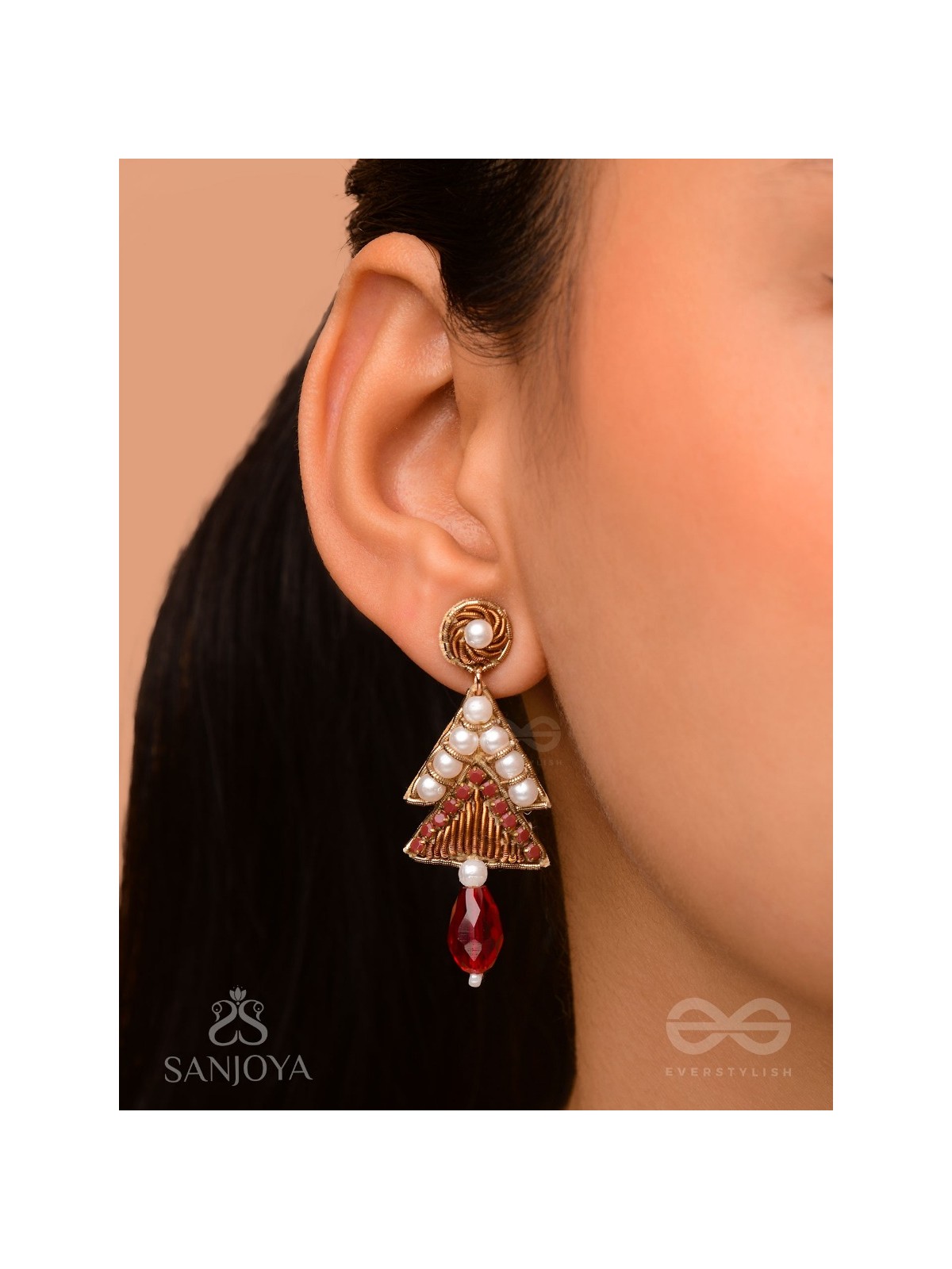 Ucchriti - The Majestic Triangles - Pearls, Dabka And Glass Drop Hand Embroidered Earrings