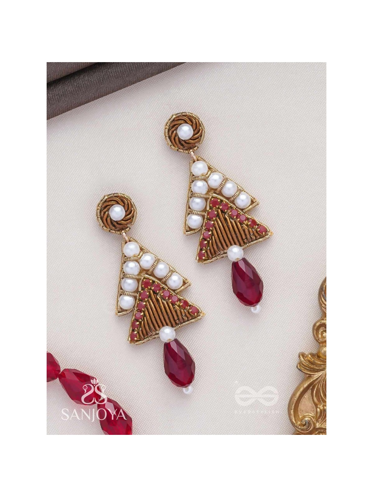 Ucchriti - The Majestic Triangles - Pearls, Dabka And Glass Drop Hand Embroidered Earrings
