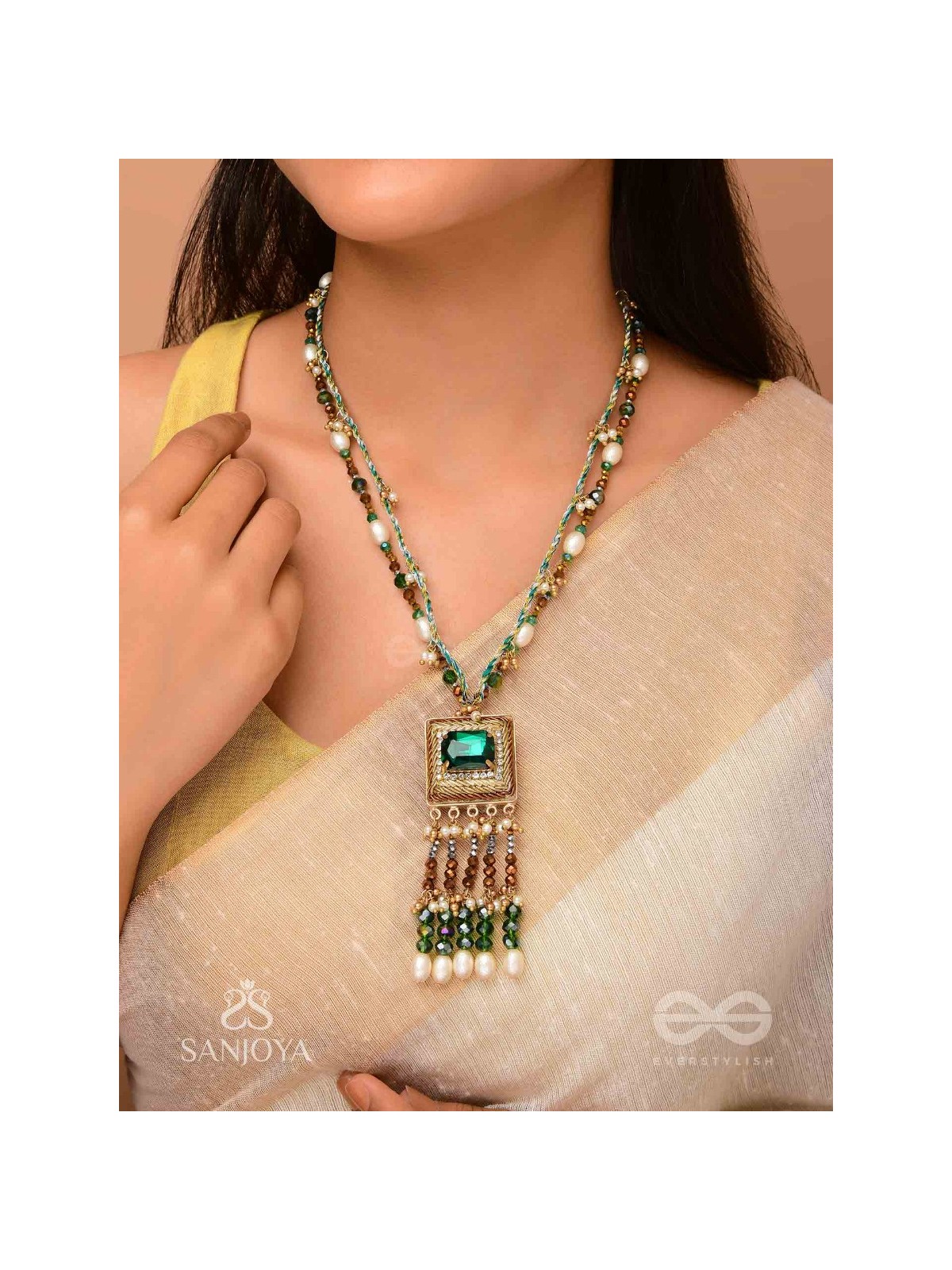 Devamaya - The Hypnotic Illusion- Stone, Beads And Pearl Drops Hand Embroidered Neckpiece