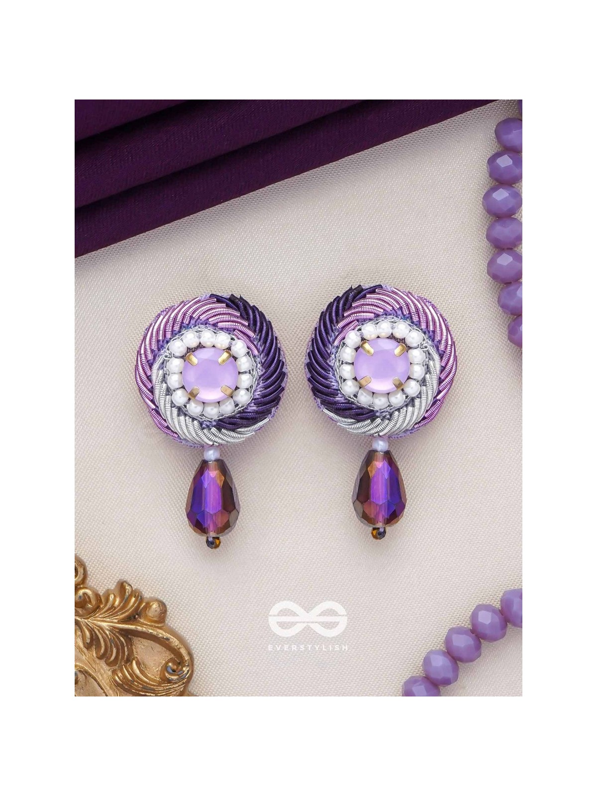 Arani - The Turning Round - Stone, Beads And Glass Drop Hand Embroidered Earrings