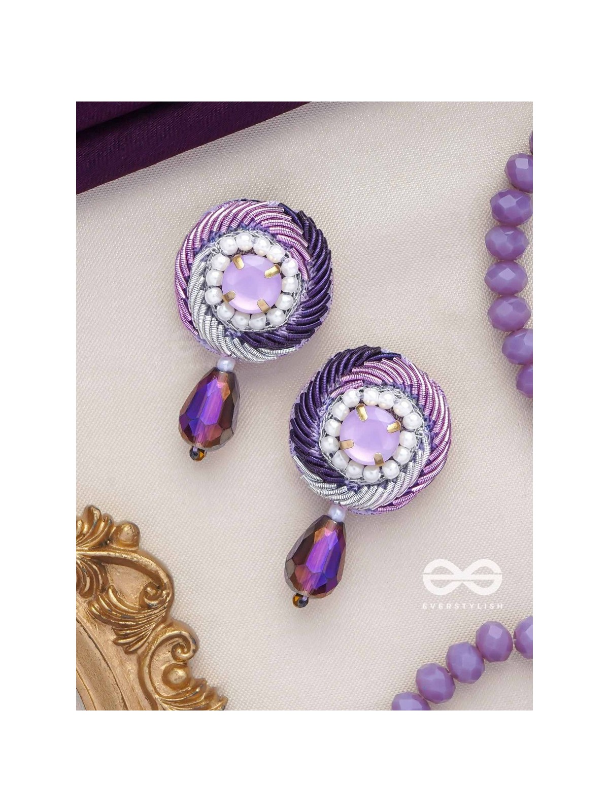 Arani - The Turning Round - Stone, Beads And Glass Drop Hand Embroidered Earrings