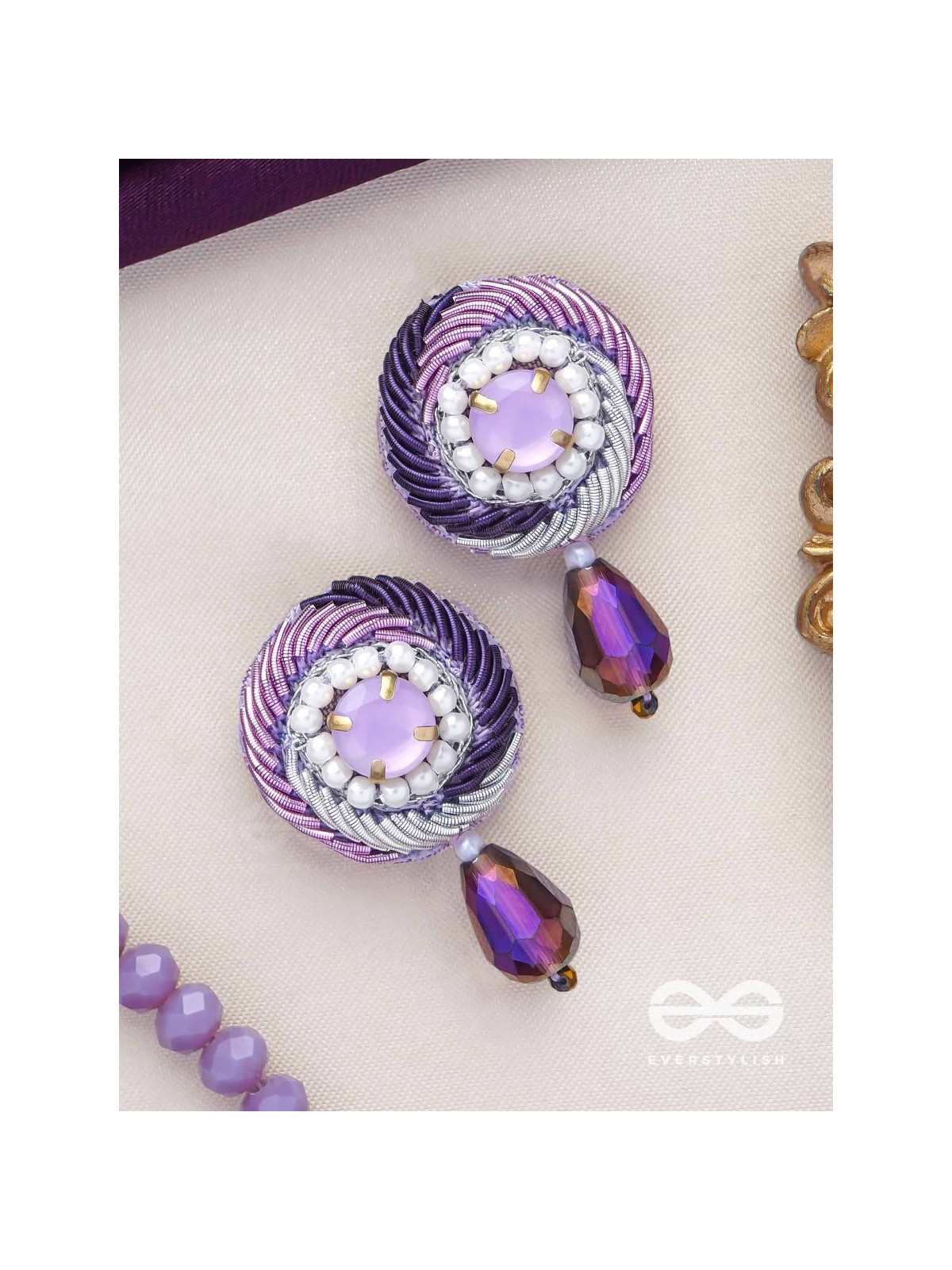 Arani - The Turning Round - Stone, Beads And Glass Drop Hand Embroidered Earrings