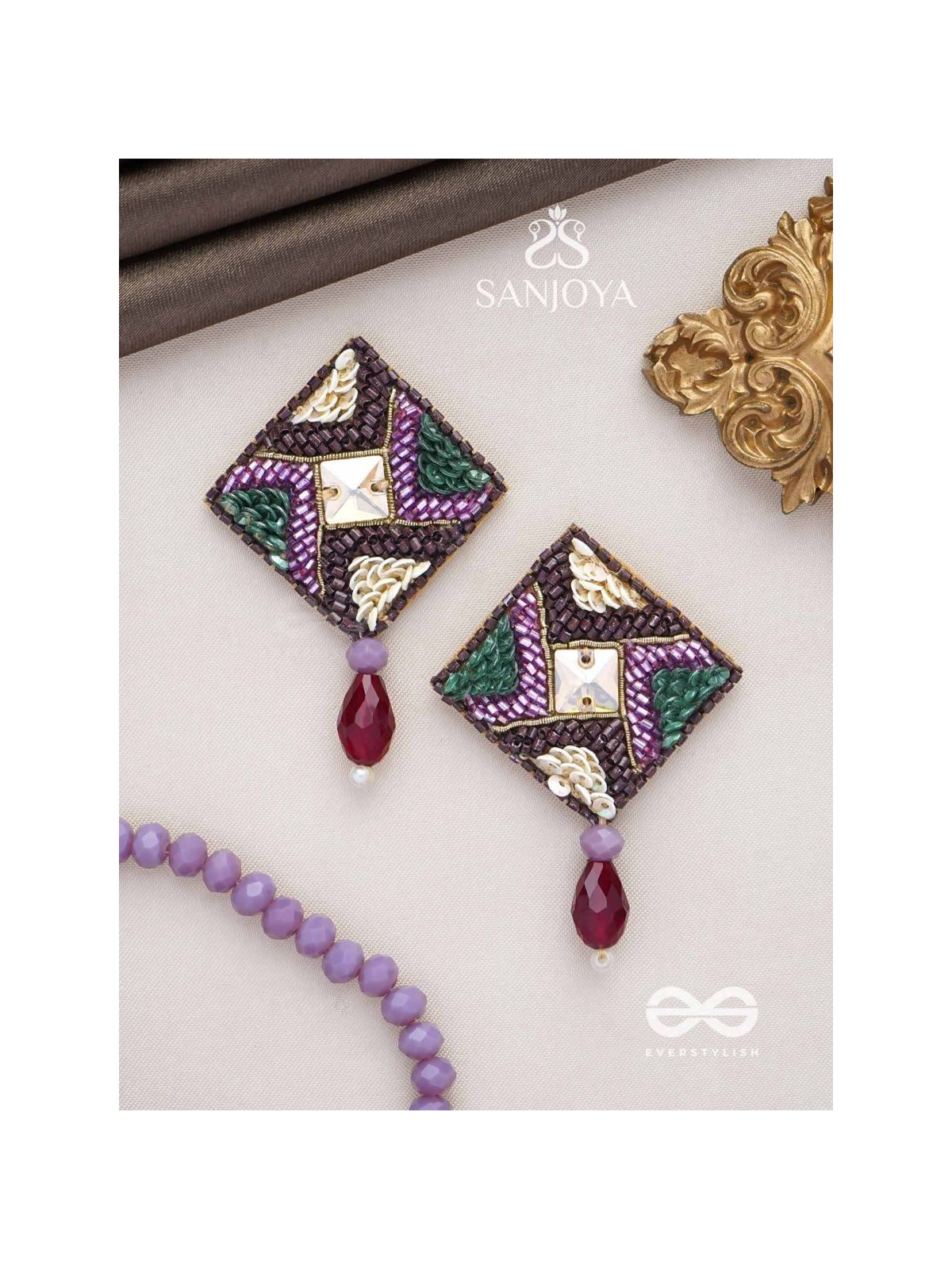DEVATTI - THE DYNAMIC DELIGHT - STONE, GLASS DROP AND SEQUINS EMBROIDERED EARRINGS