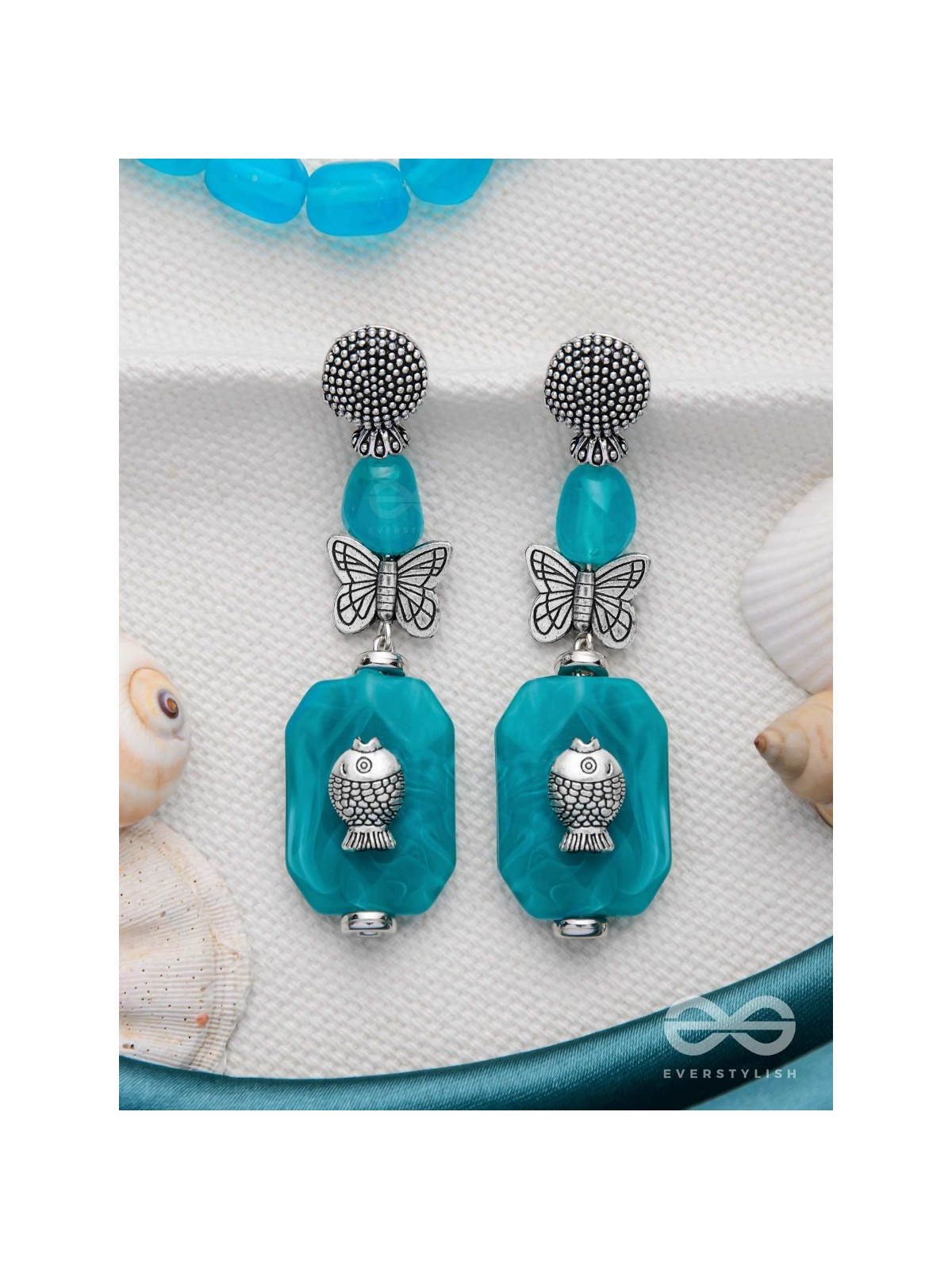 Aquatic Flutters - Silver Embellished Earrings