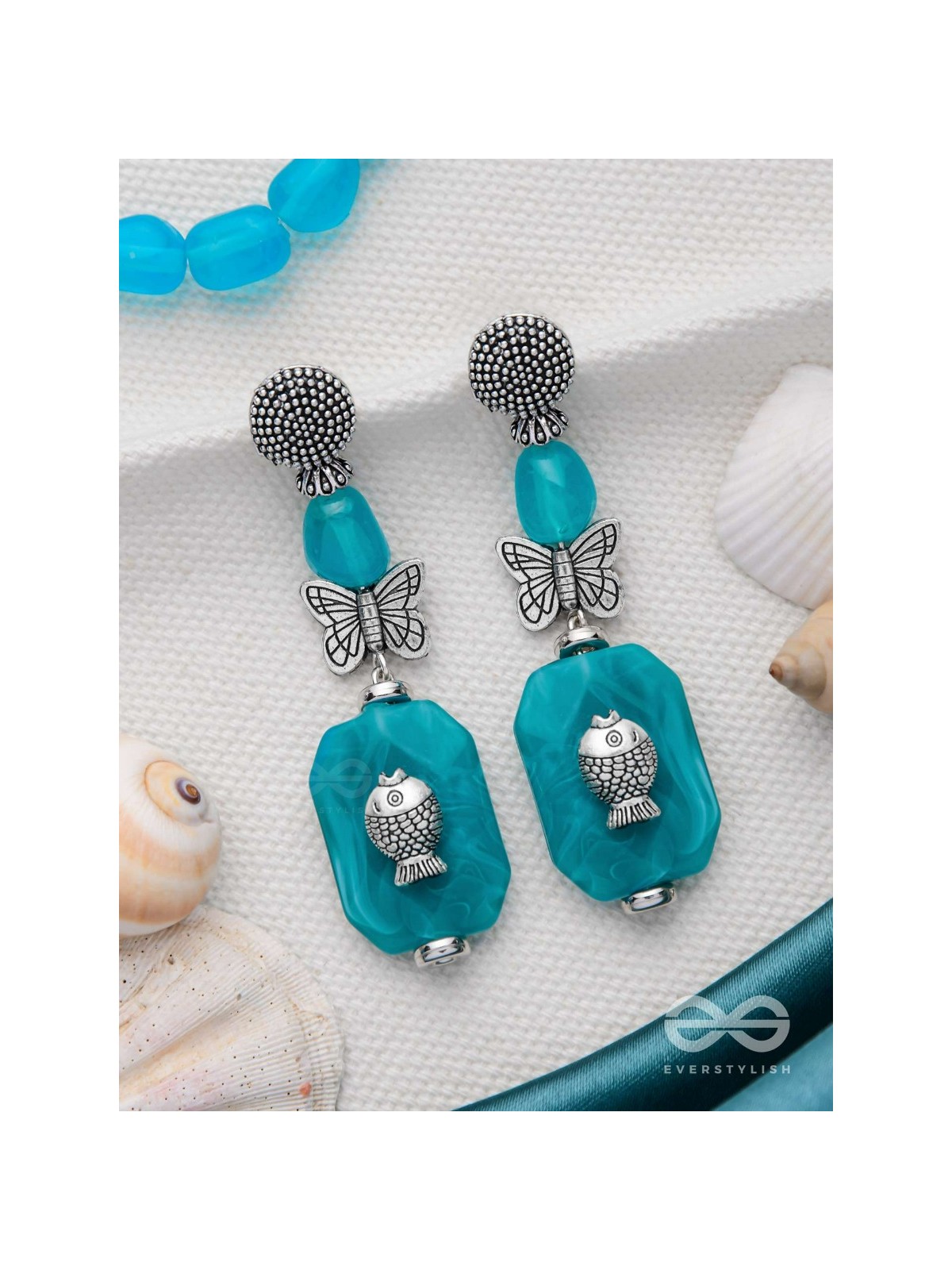 Aquatic Flutters - Silver Embellished Earrings