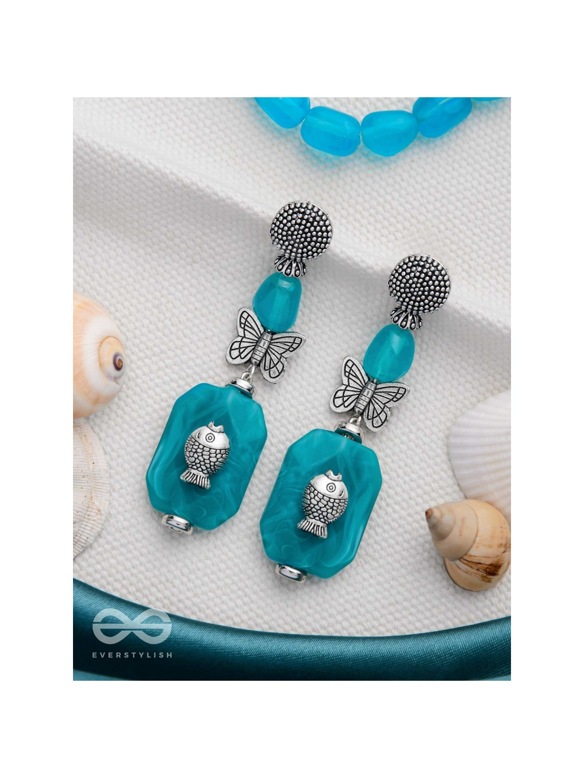 Aquatic Flutters - Silver Embellished Earrings