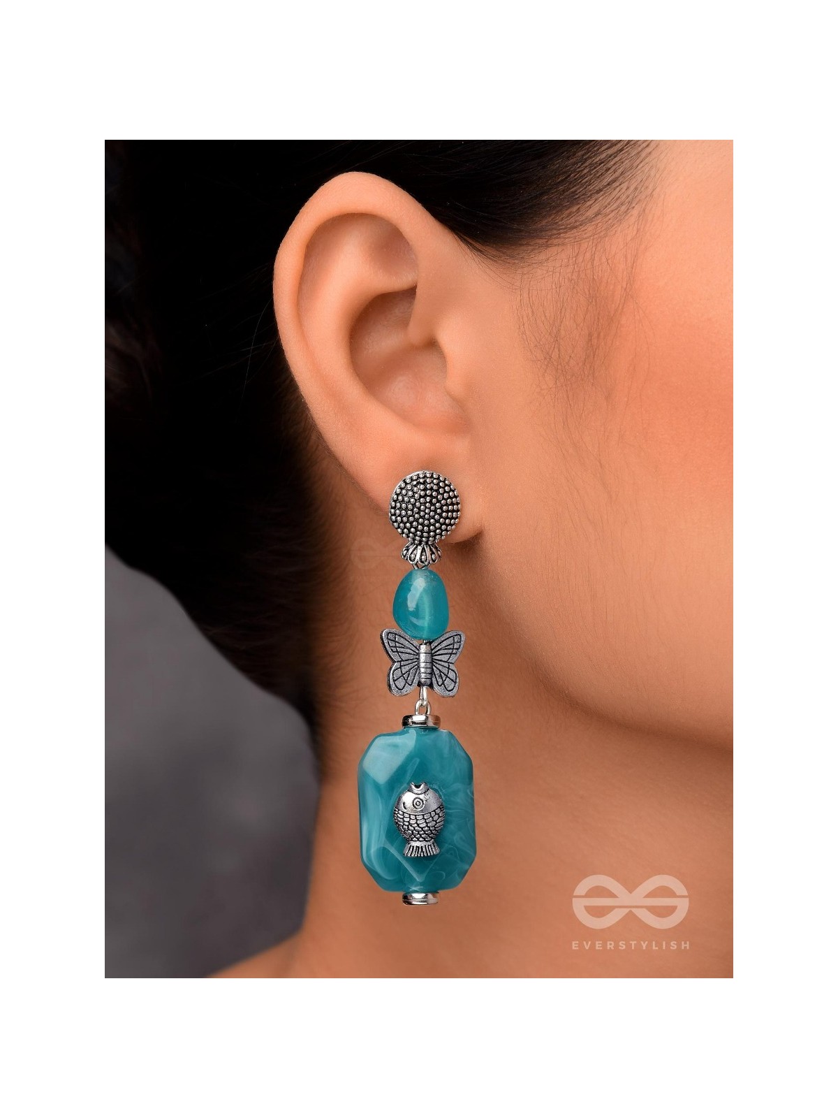 Aquatic Flutters - Silver Embellished Earrings