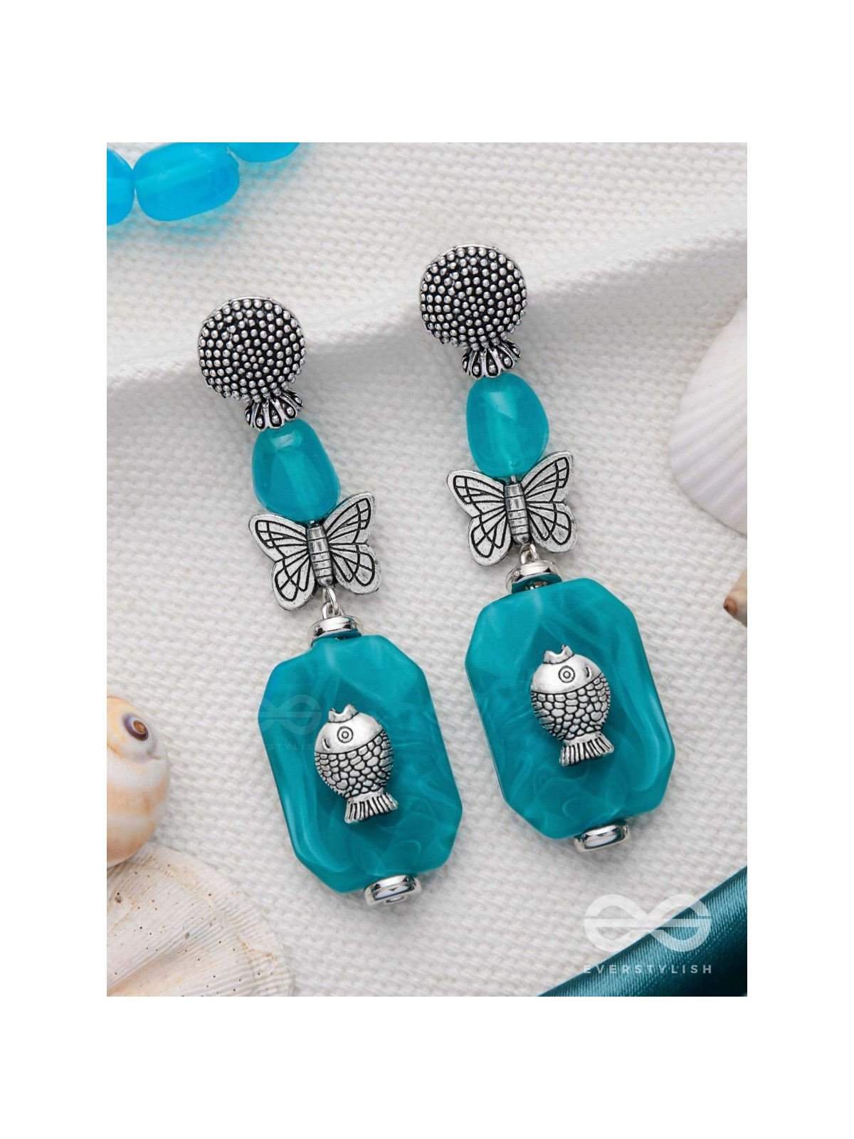 Aquatic Flutters - Silver Embellished Earrings