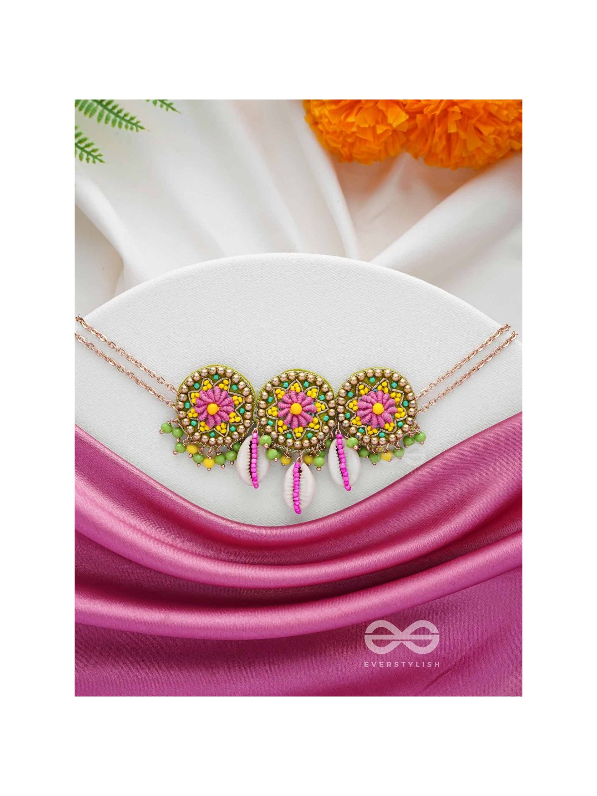 SAKOSHA - THE SEASHELL BEAUTY - SHELLS, BEADS AND RESHAM EMBROIDERED NECKPIECE