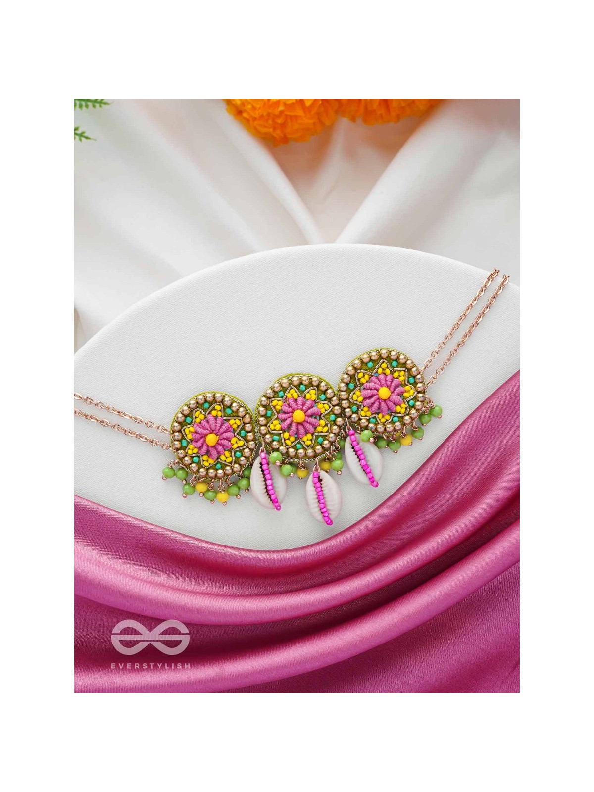 SAKOSHA - THE SEASHELL BEAUTY - SHELLS, BEADS AND RESHAM EMBROIDERED NECKPIECE