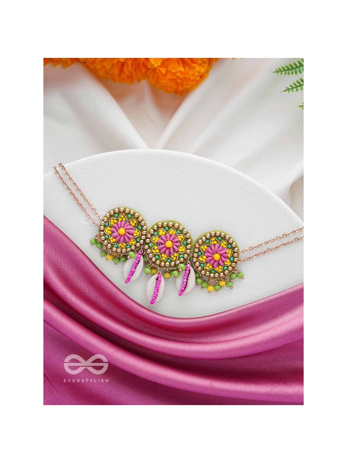 SAKOSHA - THE SEASHELL BEAUTY - SHELLS, BEADS AND RESHAM EMBROIDERED NECKPIECE