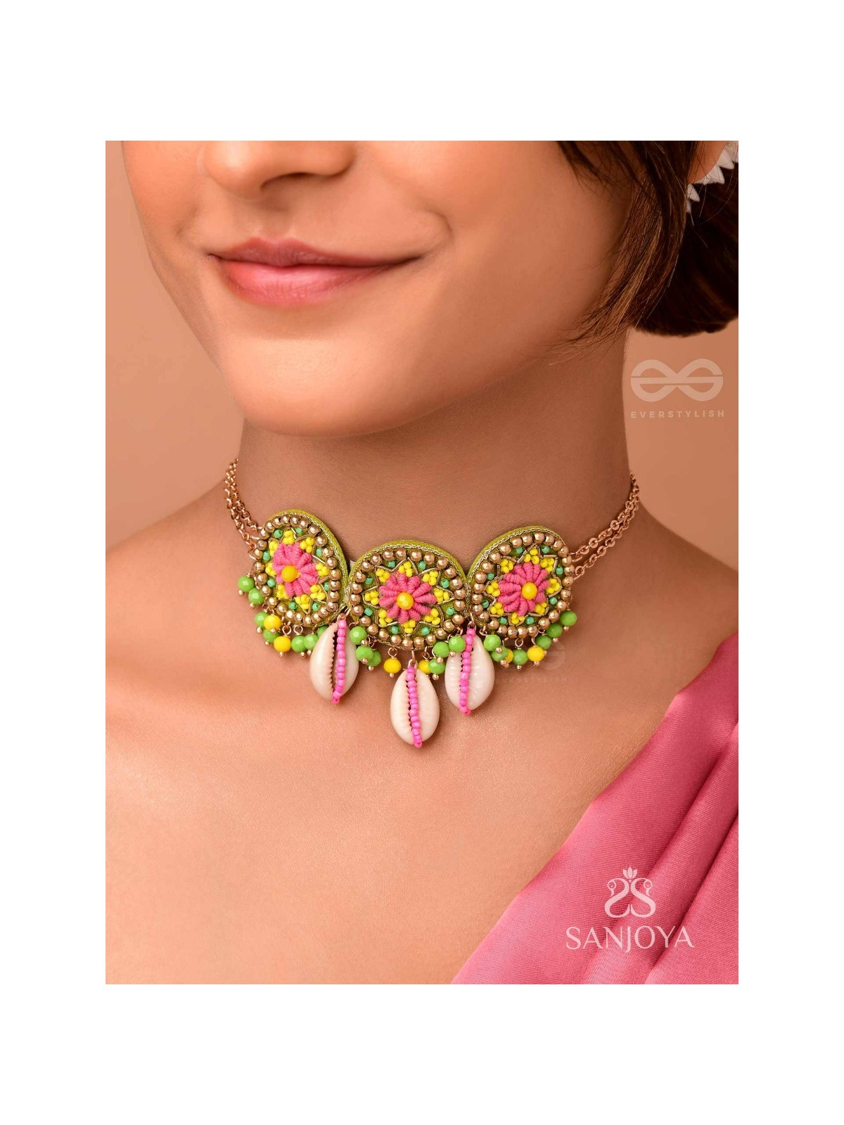 SAKOSHA - THE SEASHELL BEAUTY - SHELLS, BEADS AND RESHAM EMBROIDERED NECKPIECE