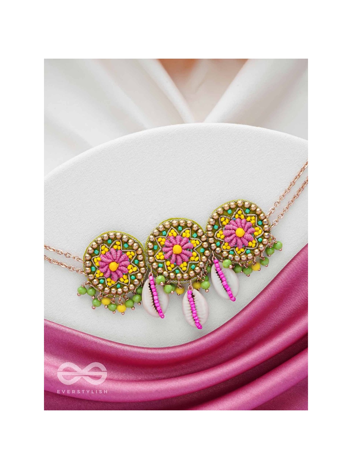 SAKOSHA - THE SEASHELL BEAUTY - SHELLS, BEADS AND RESHAM EMBROIDERED NECKPIECE