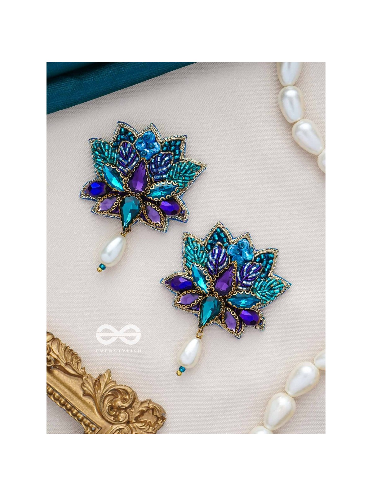 KAIRAVINI- THE LUSTROUS LOTUS - STONE, CUTDANA AND BEADS EMBROIDERED EARRINGS