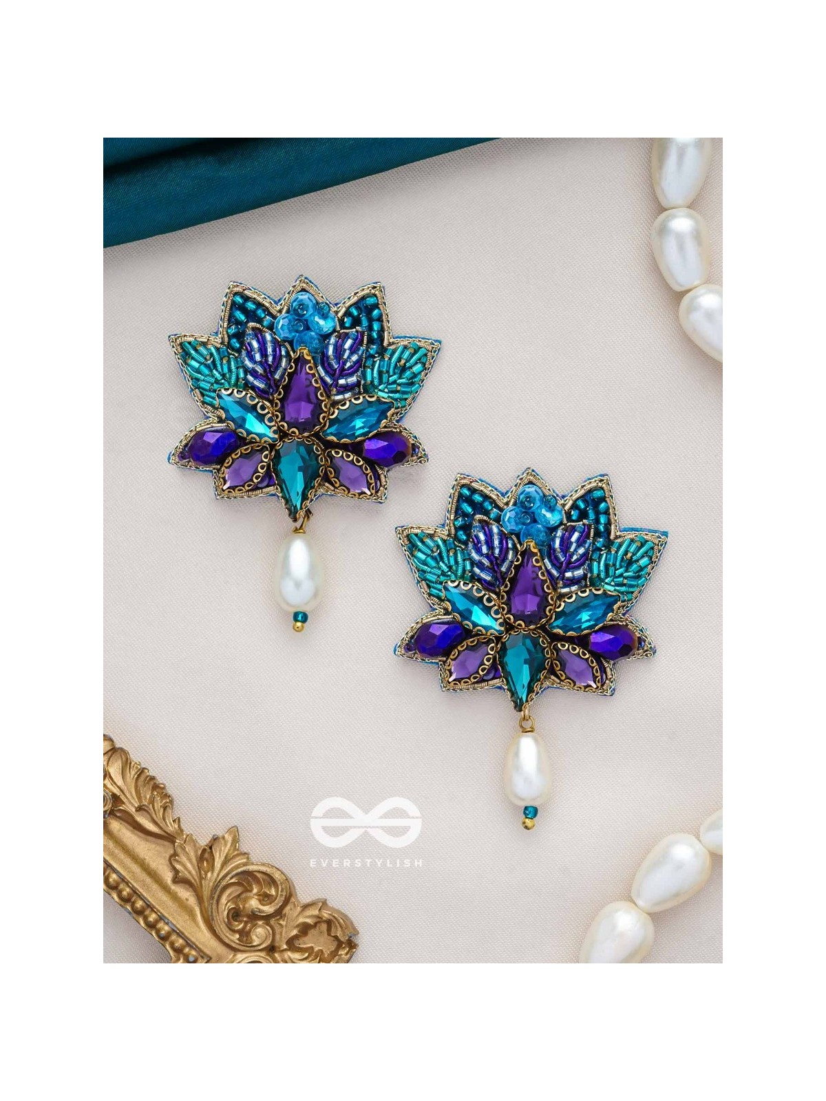 KAIRAVINI- THE LUSTROUS LOTUS - STONE, CUTDANA AND BEADS EMBROIDERED EARRINGS