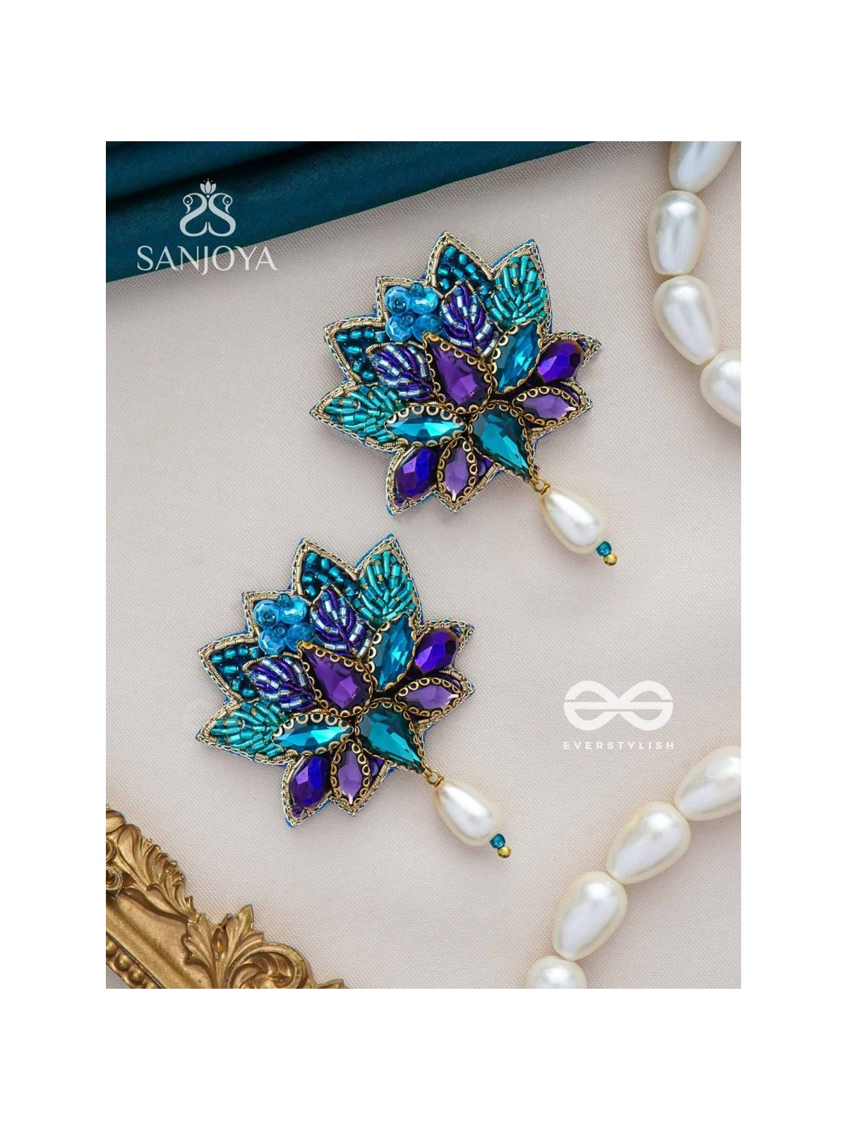 KAIRAVINI- THE LUSTROUS LOTUS - STONE, CUTDANA AND BEADS EMBROIDERED EARRINGS