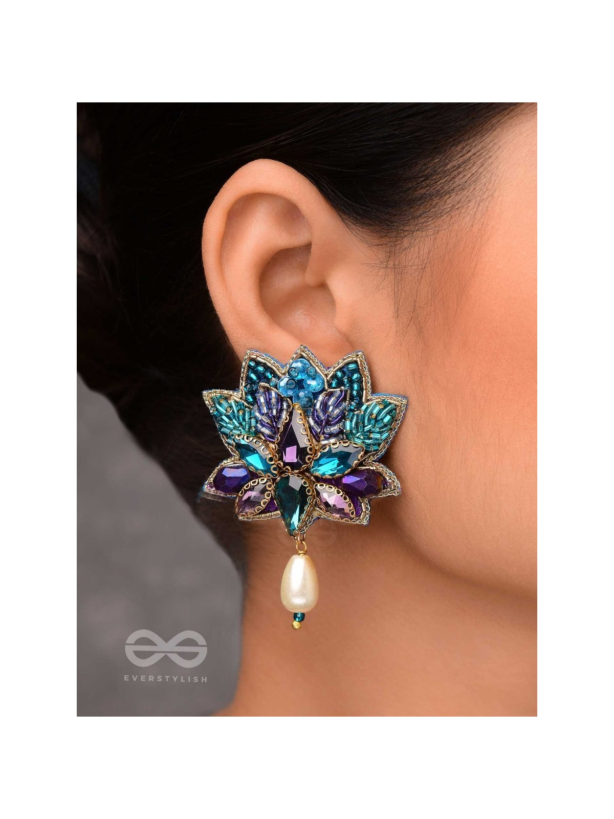 KAIRAVINI- THE LUSTROUS LOTUS - STONE, CUTDANA AND BEADS EMBROIDERED EARRINGS