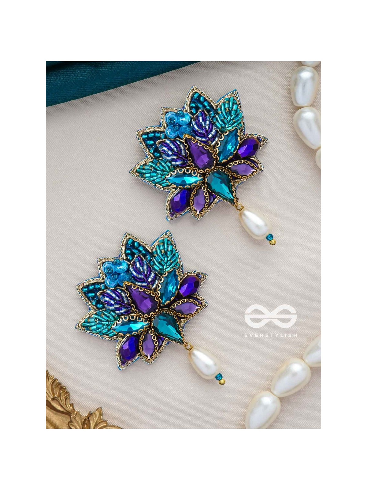 KAIRAVINI- THE LUSTROUS LOTUS - STONE, CUTDANA AND BEADS EMBROIDERED EARRINGS