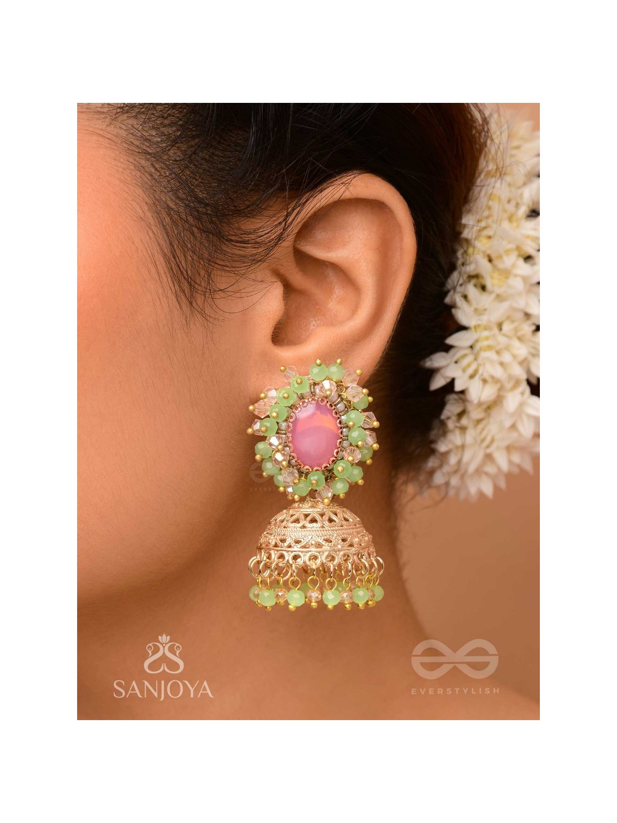 Hasyahina - The Blossoming Smile - Stone And Beads Hand Embroidered Jhumka Earrings