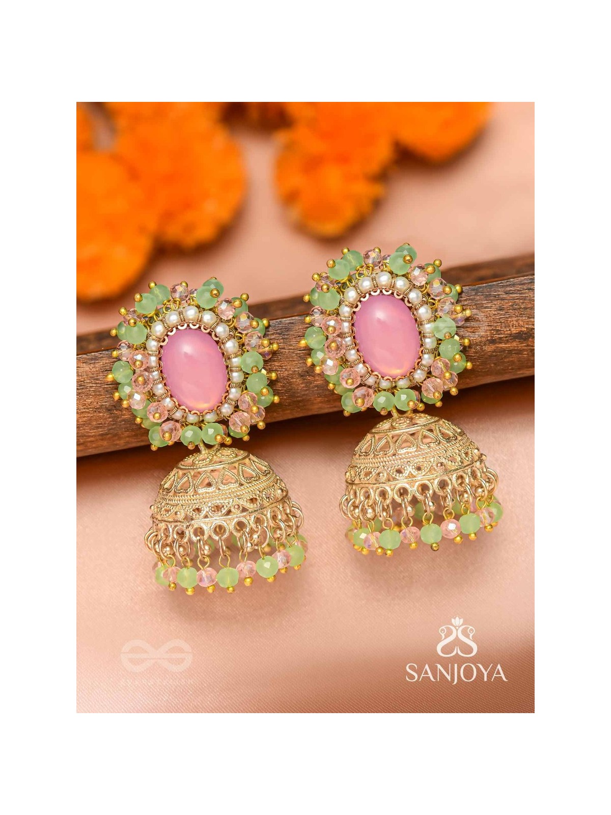 Hasyahina - The Blossoming Smile - Stone And Beads Hand Embroidered Jhumka Earrings