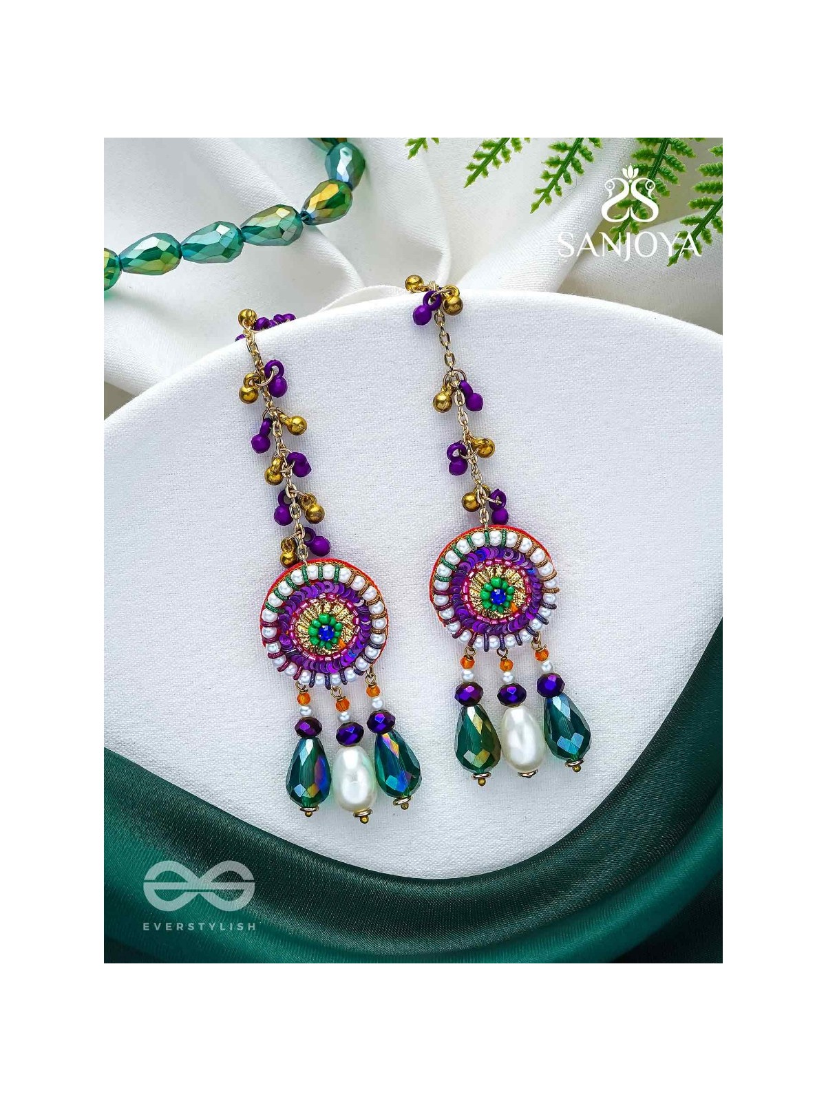 Pindalu - Majestic Plum Splendour - Beads, Sequins And Glass Drop Embroidered Earrings