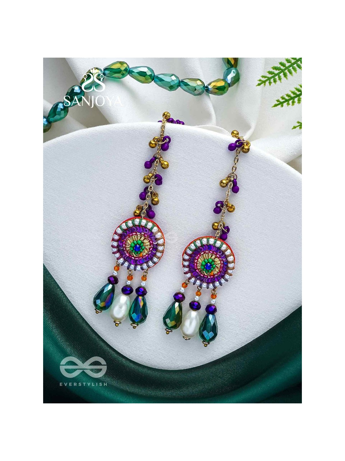 Pindalu - Majestic Plum Splendour - Beads, Sequins And Glass Drop Embroidered Earrings