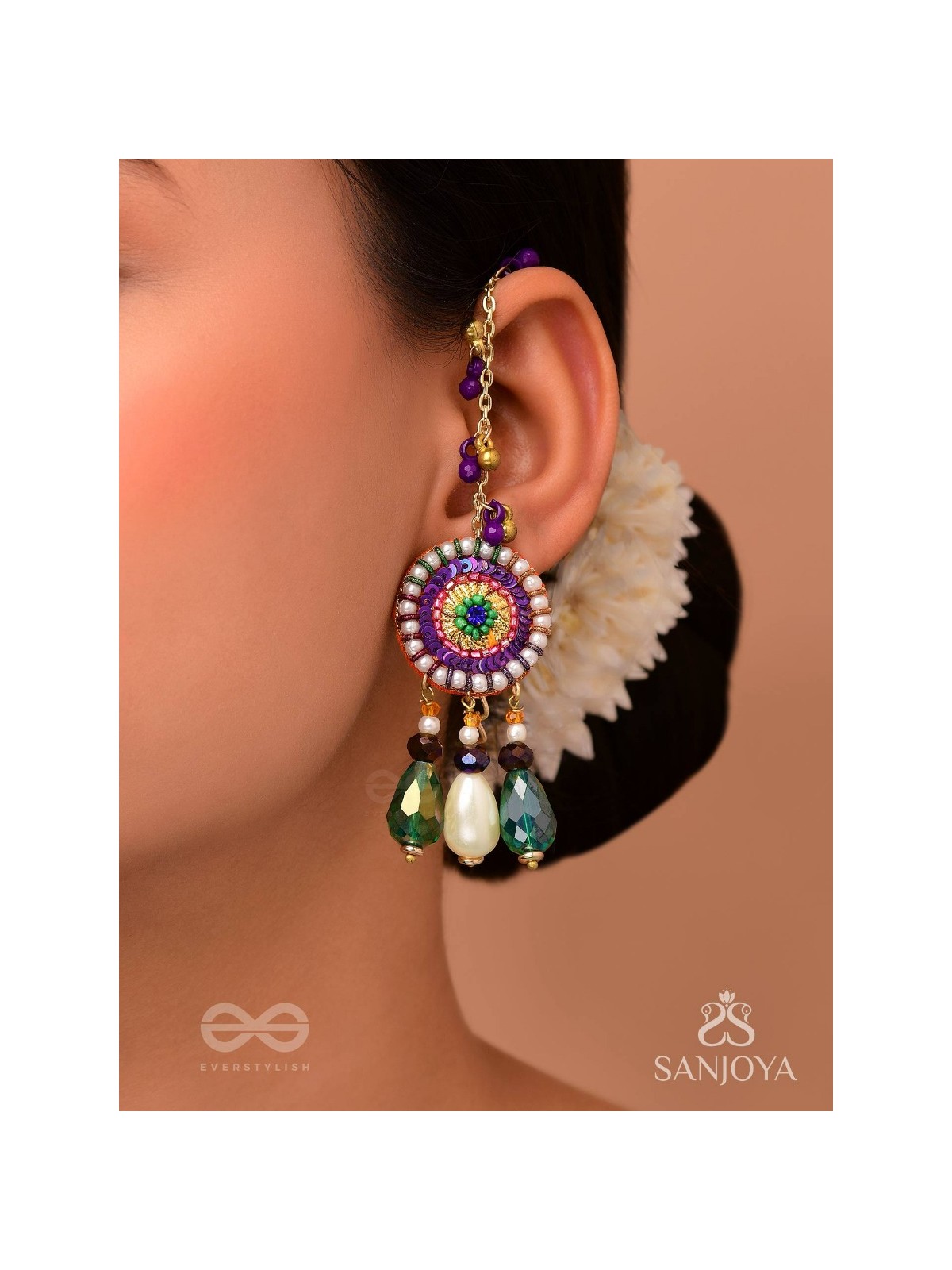 Pindalu - Majestic Plum Splendour - Beads, Sequins And Glass Drop Embroidered Earrings