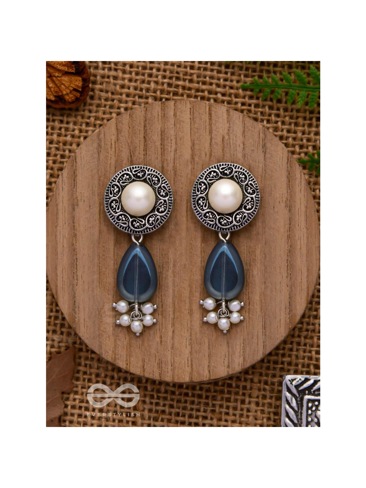 Marine Moonstone - Oxidised Pearl Jhumka Earring 