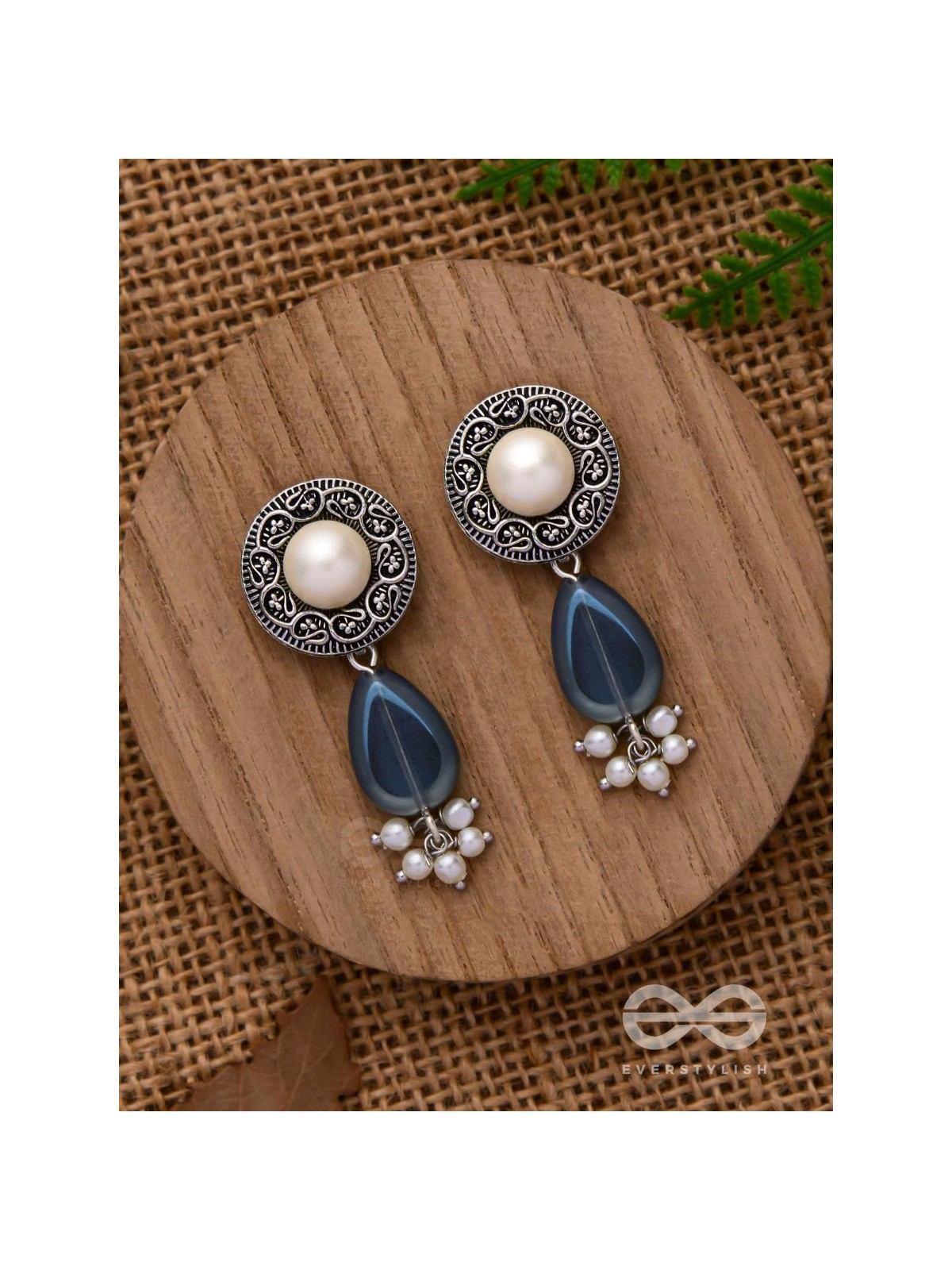 Marine Moonstone - Oxidised Pearl Jhumka Earring 