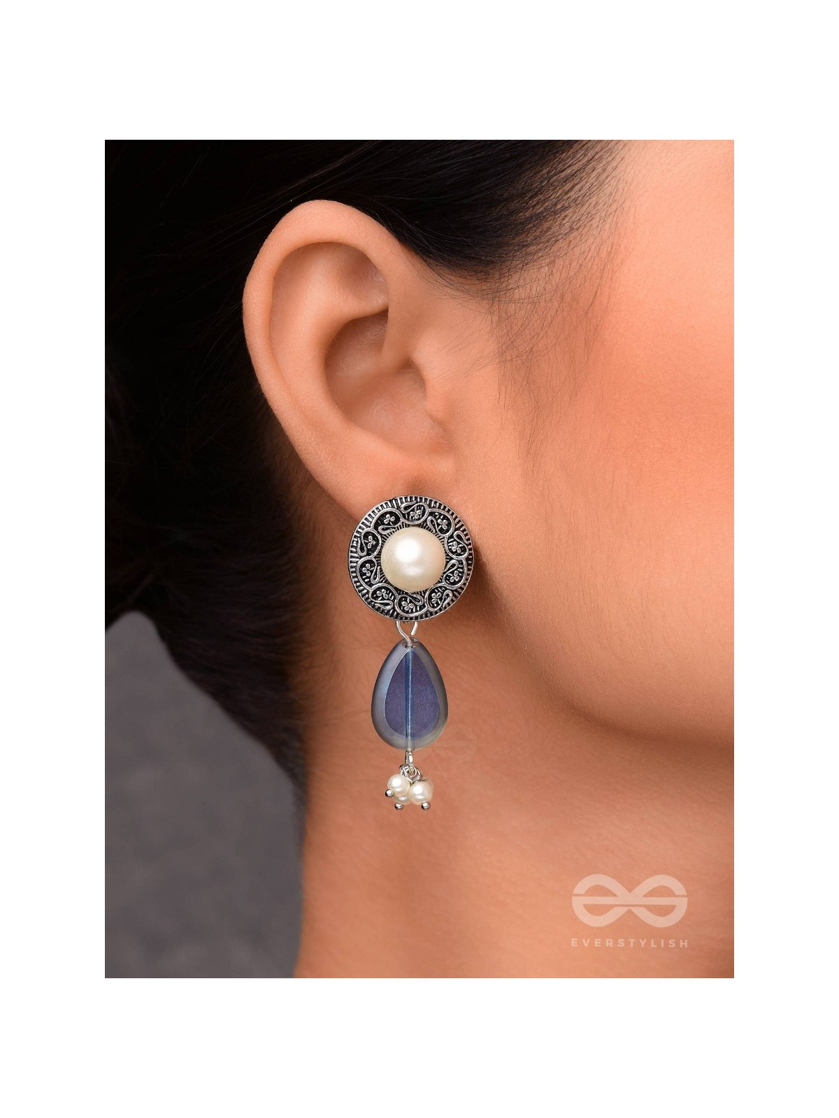 Marine Moonstone - Oxidised Pearl Jhumka Earring 