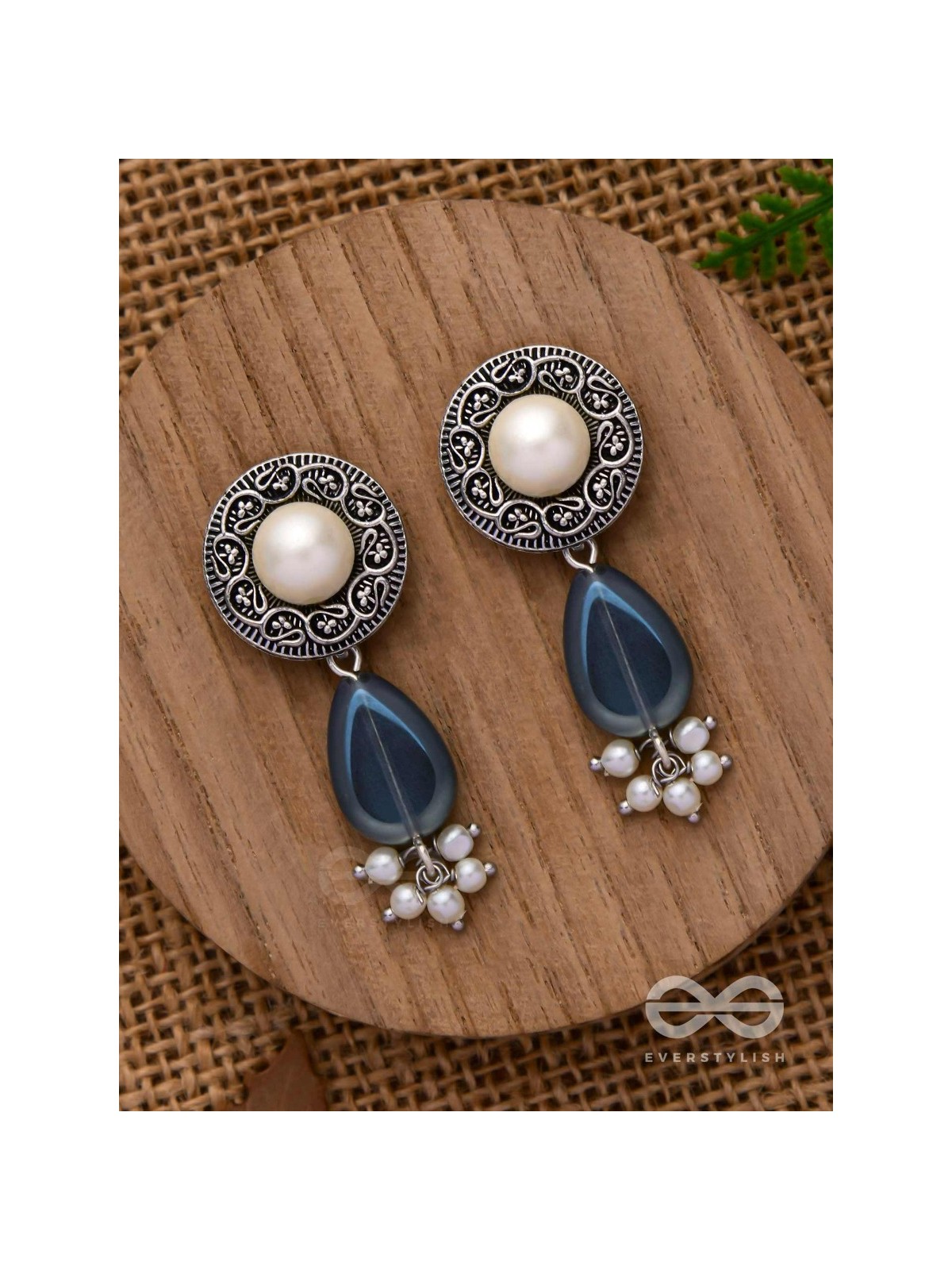 Marine Moonstone - Oxidised Pearl Jhumka Earring 
