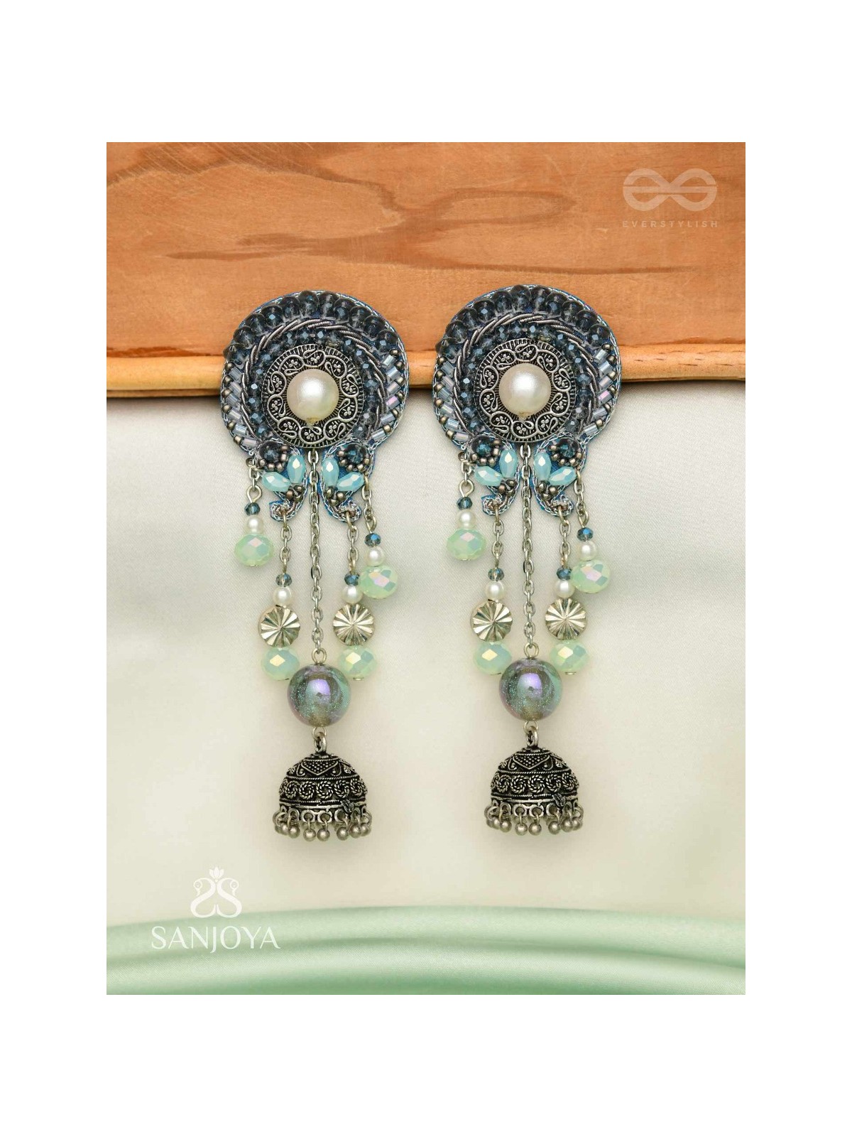 DHUMITA - THE SHINING SMOKE - BEADED OXIDISED AND HAND EMBROIDERED EARRINGS