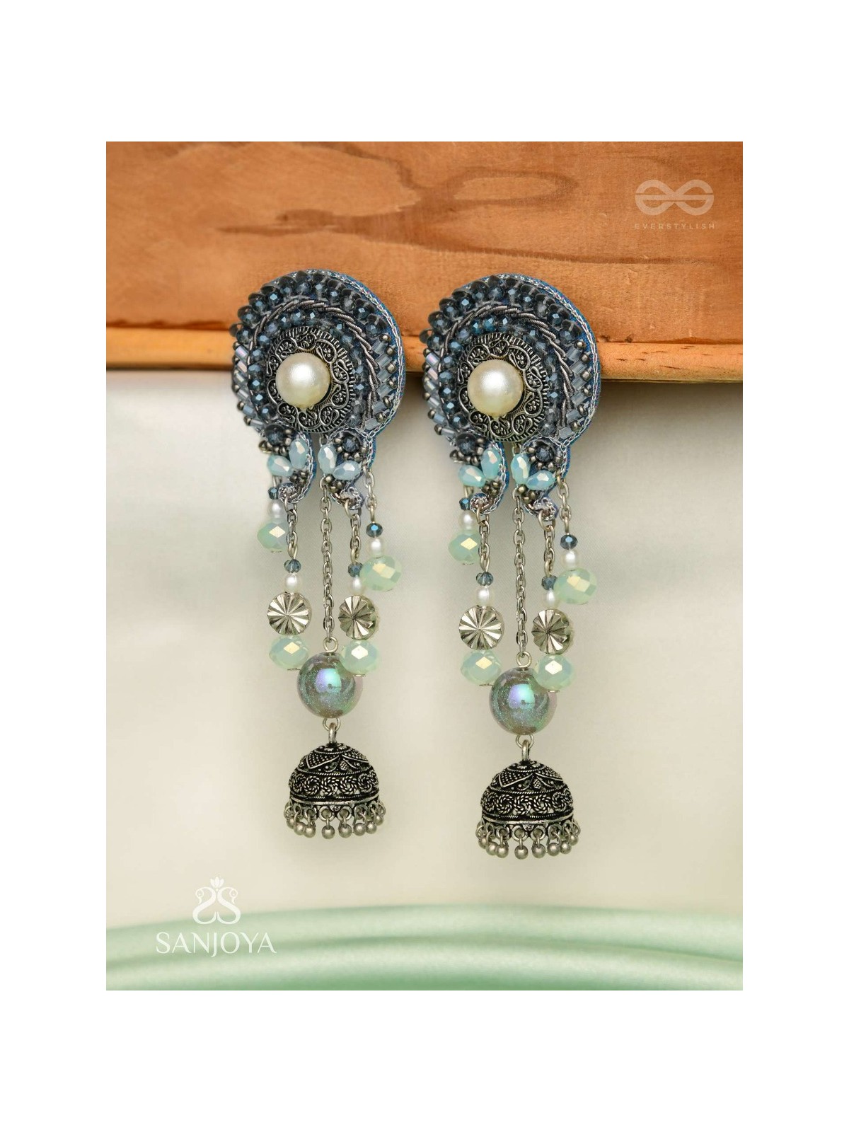DHUMITA - THE SHINING SMOKE - BEADED OXIDISED AND HAND EMBROIDERED EARRINGS