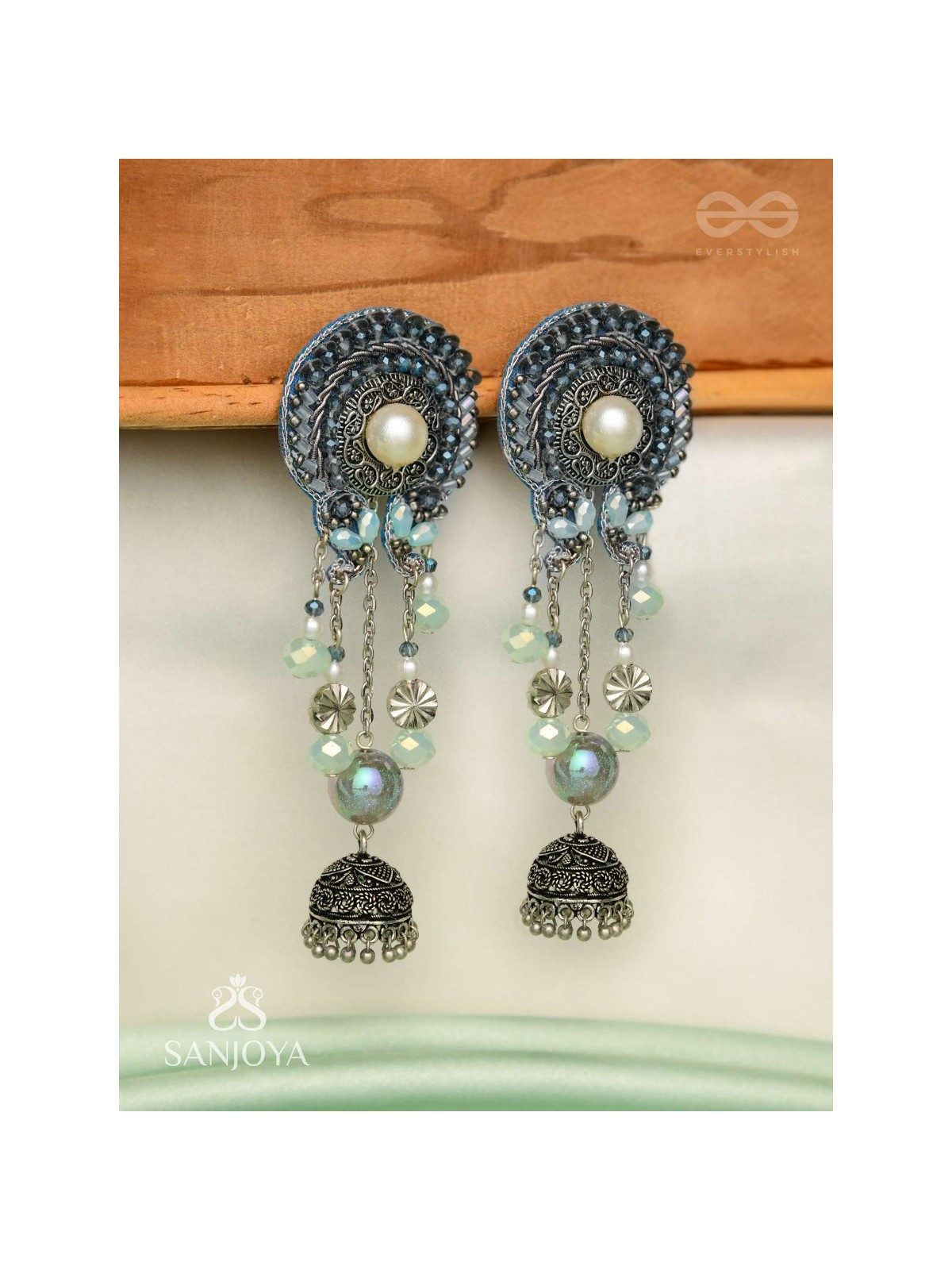 DHUMITA - THE SHINING SMOKE - BEADED OXIDISED AND HAND EMBROIDERED EARRINGS