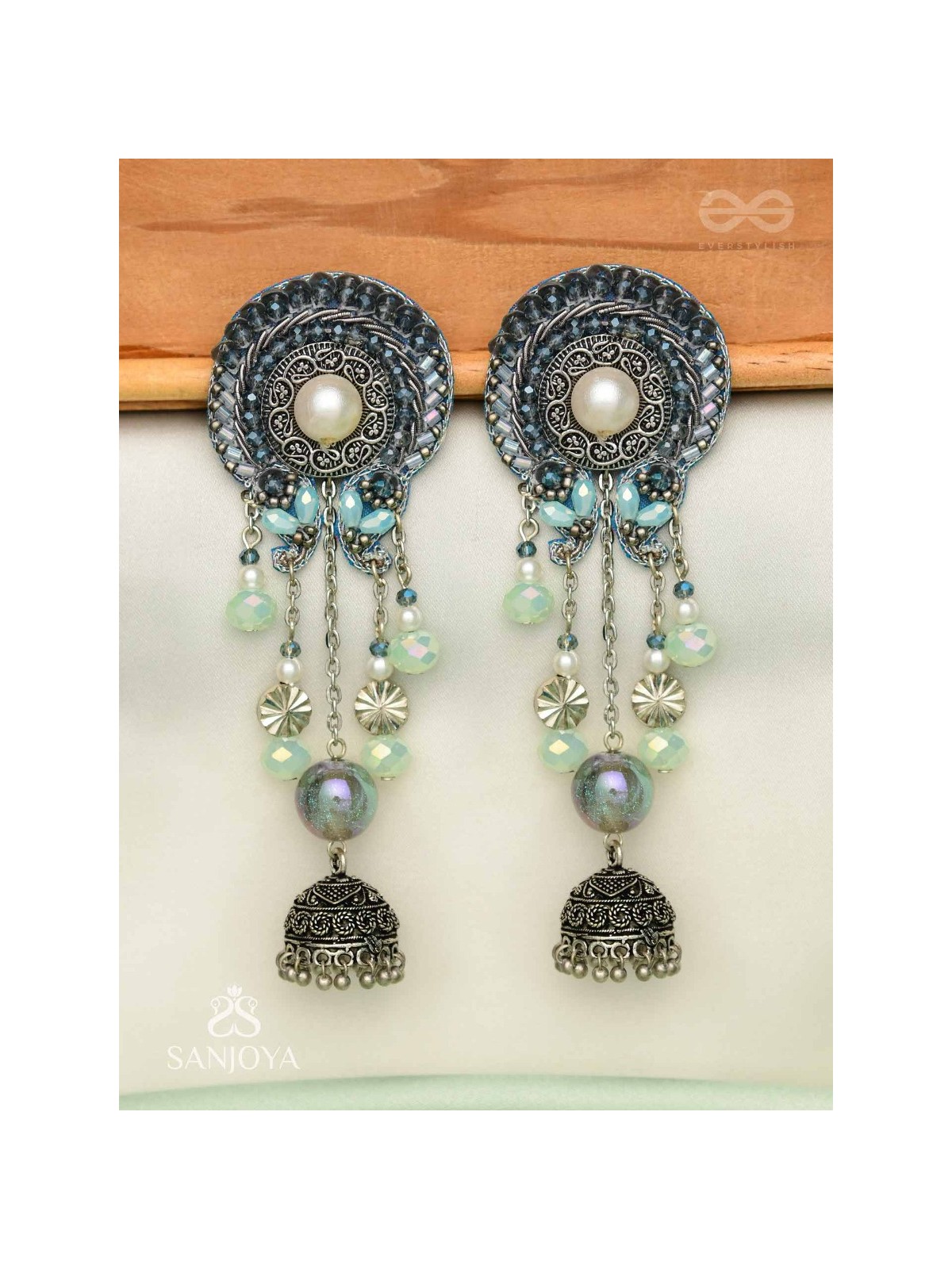 DHUMITA - THE SHINING SMOKE - BEADED OXIDISED AND HAND EMBROIDERED EARRINGS