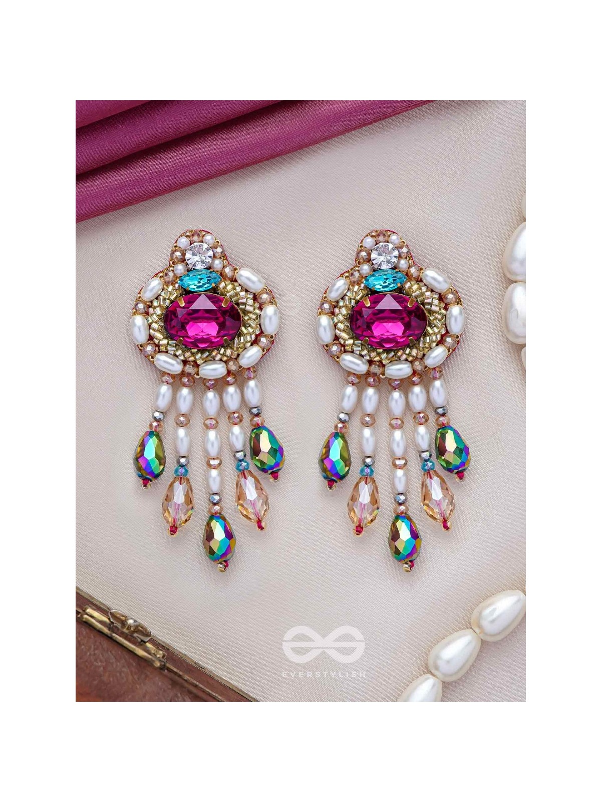 Vaajpatni- The Queen's Treasure- Stones, Pearls And Glass Drops Hand Embroidered Earrings
