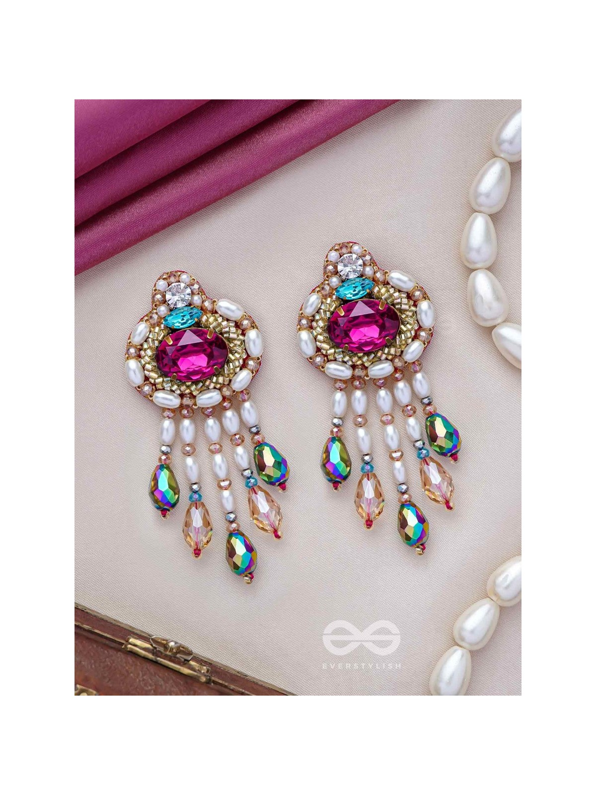 Vaajpatni- The Queen's Treasure- Stones, Pearls And Glass Drops Hand Embroidered Earrings