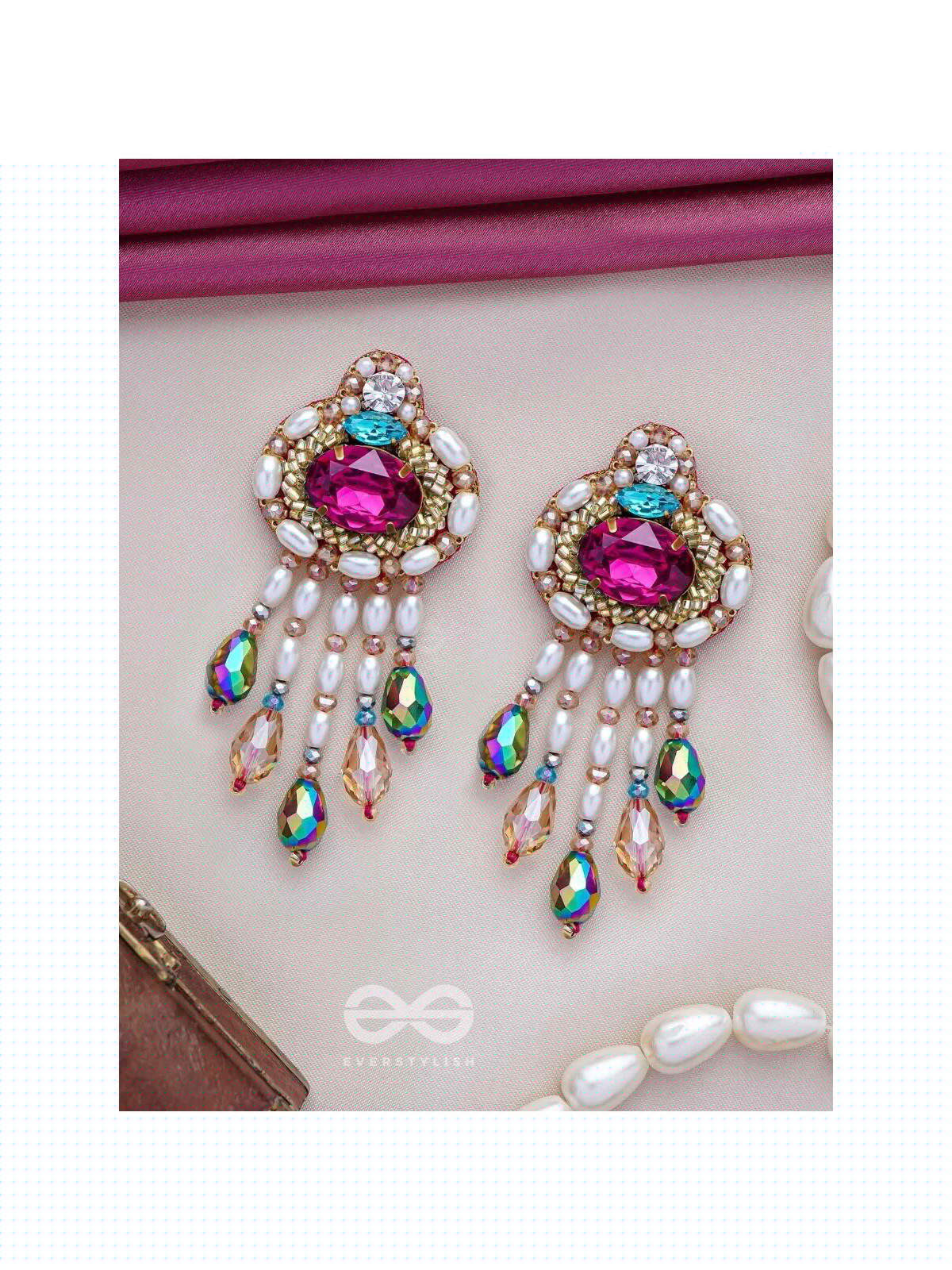 Vaajpatni- The Queen's Treasure- Stones, Pearls And Glass Drops Hand Embroidered Earrings