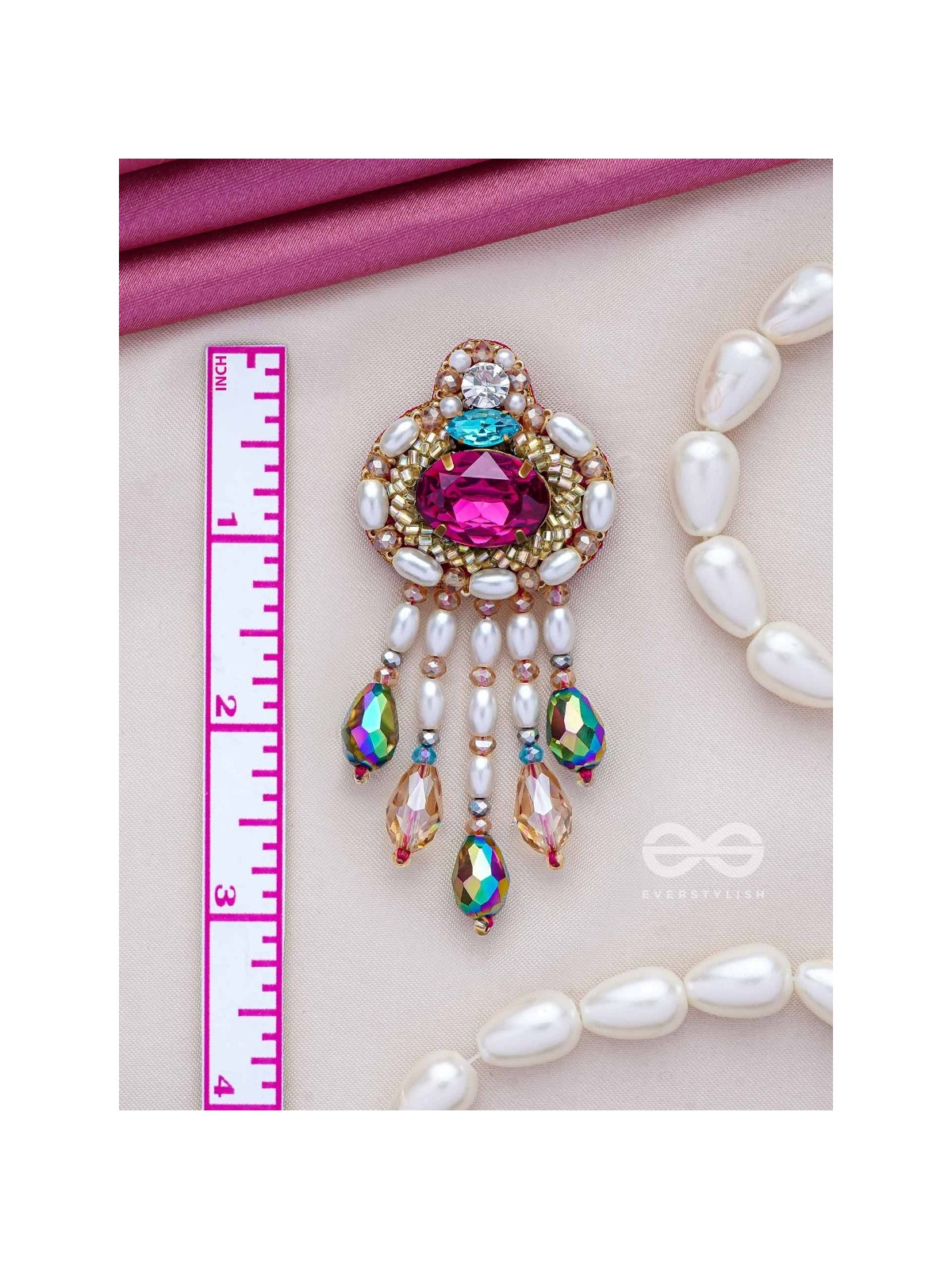 Vaajpatni- The Queen's Treasure- Stones, Pearls And Glass Drops Hand Embroidered Earrings