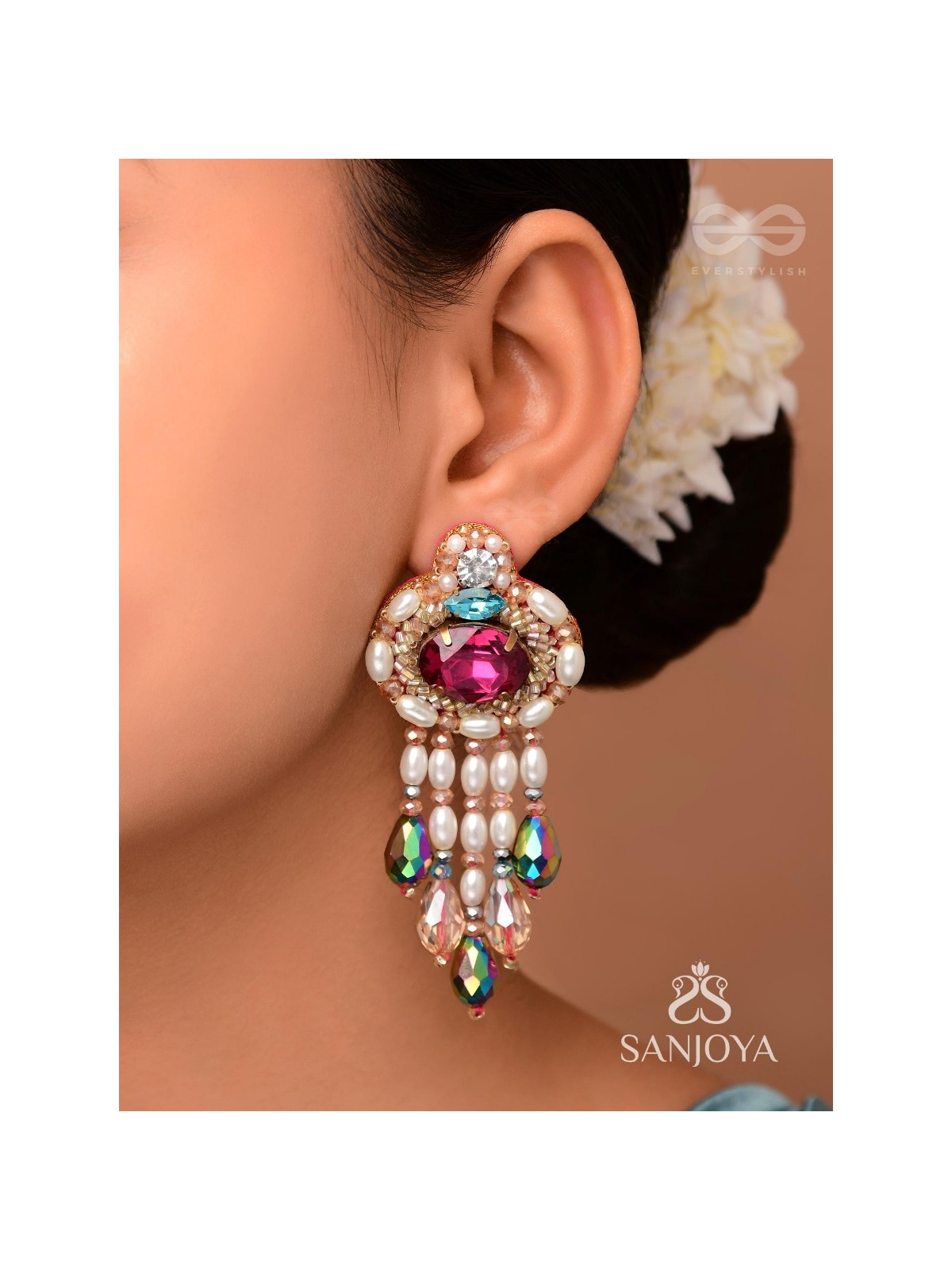 Vaajpatni- The Queen's Treasure- Stones, Pearls And Glass Drops Hand Embroidered Earrings