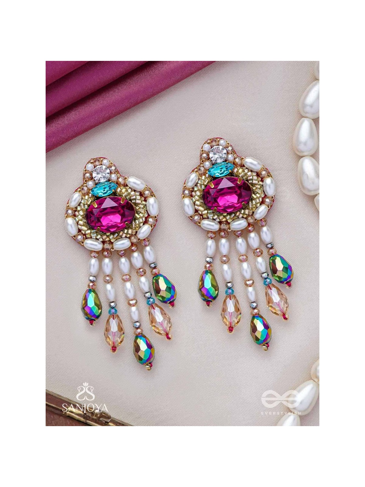 Vaajpatni- The Queen's Treasure- Stones, Pearls And Glass Drops Hand Embroidered Earrings