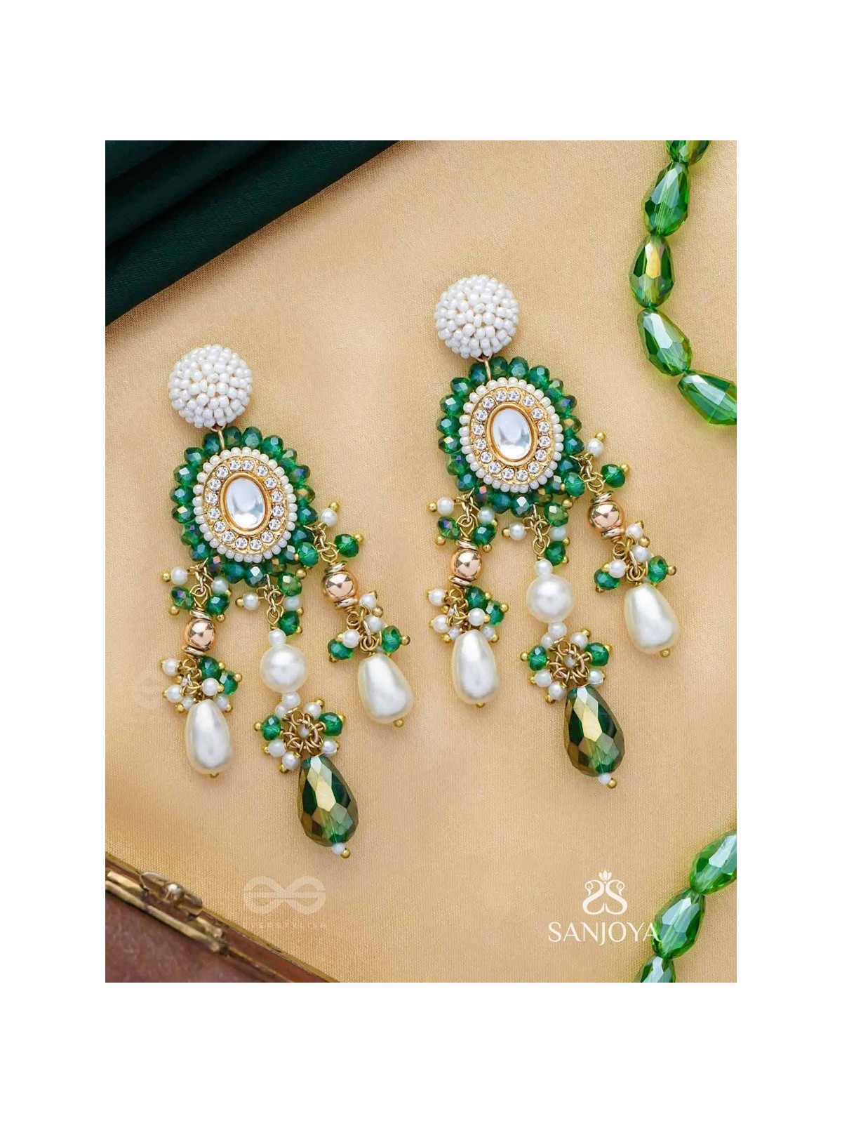 Agrevana - Forest Fables - Golden Embellished Polki And Kundan Finished Hand Embroidered Earrings